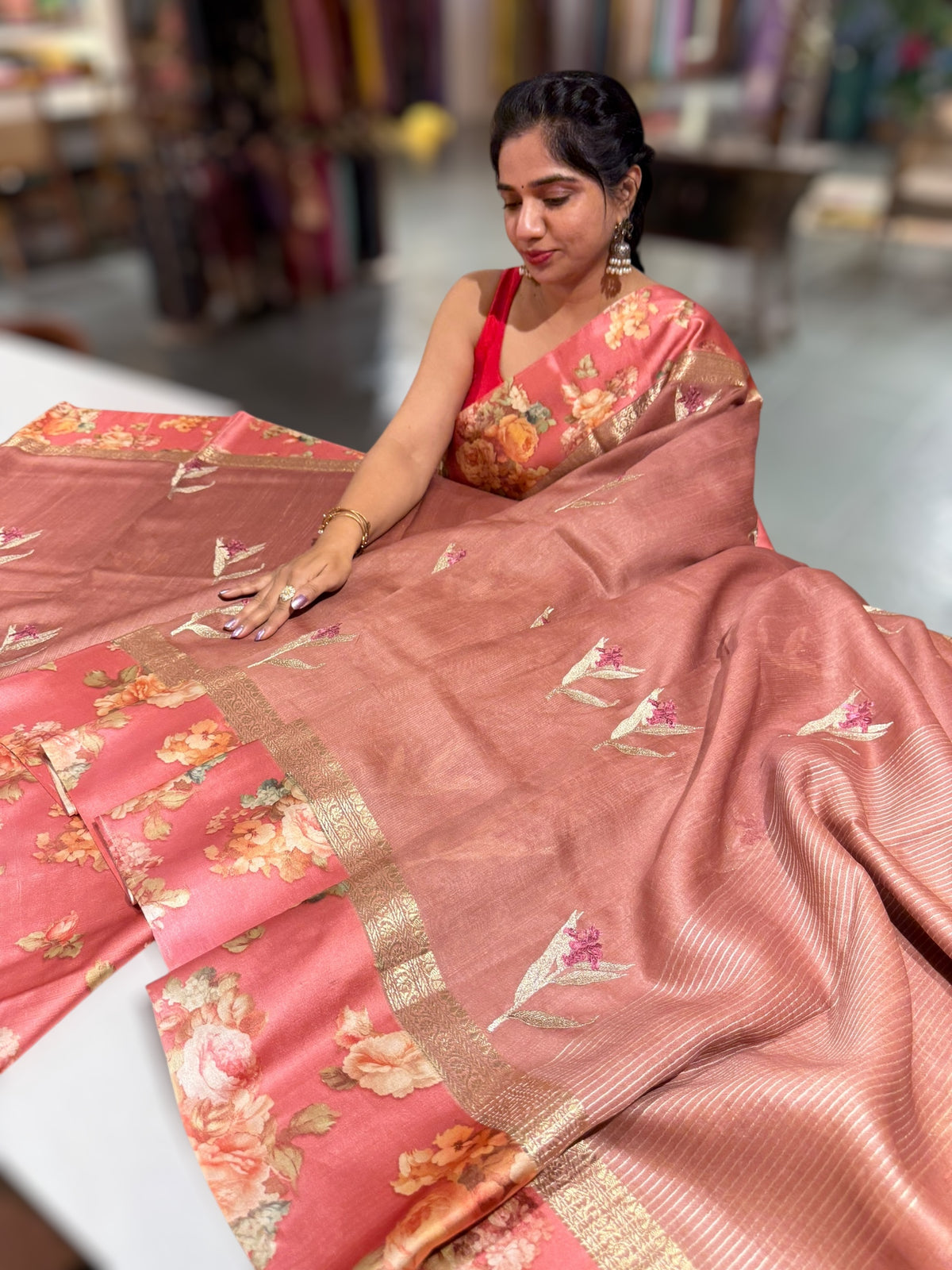 Dark Onion Pink Tussar Dhupion Saree with Floral printed mashru borders