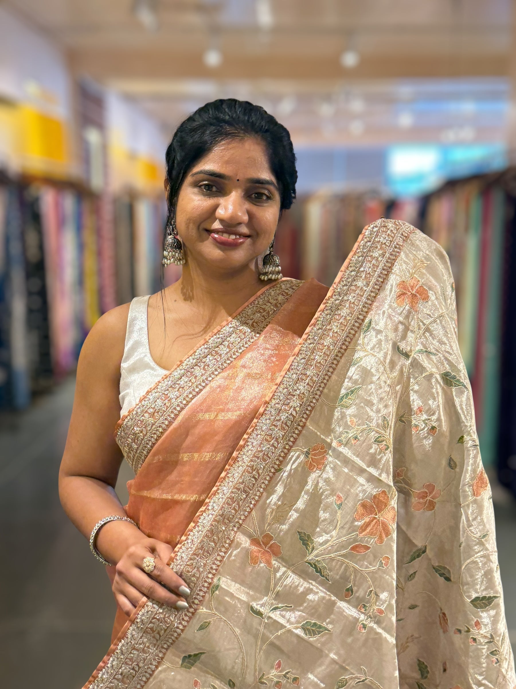 Peach Banarasi Tissue checks Saree with Sabyasachi Borders