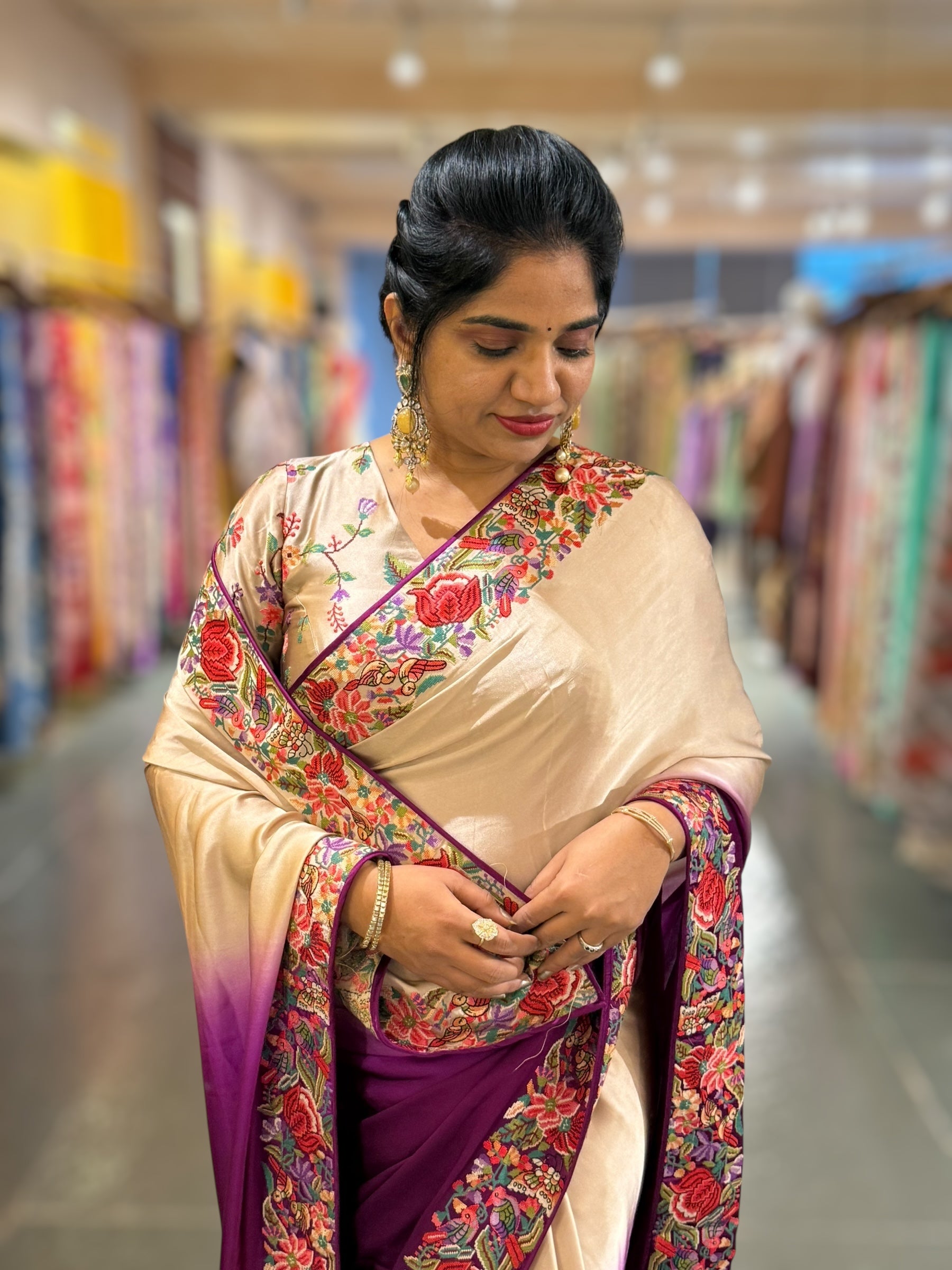 Pure Satin Ombre Dyed Saree with Petite Point Embroidered Border and blouse.