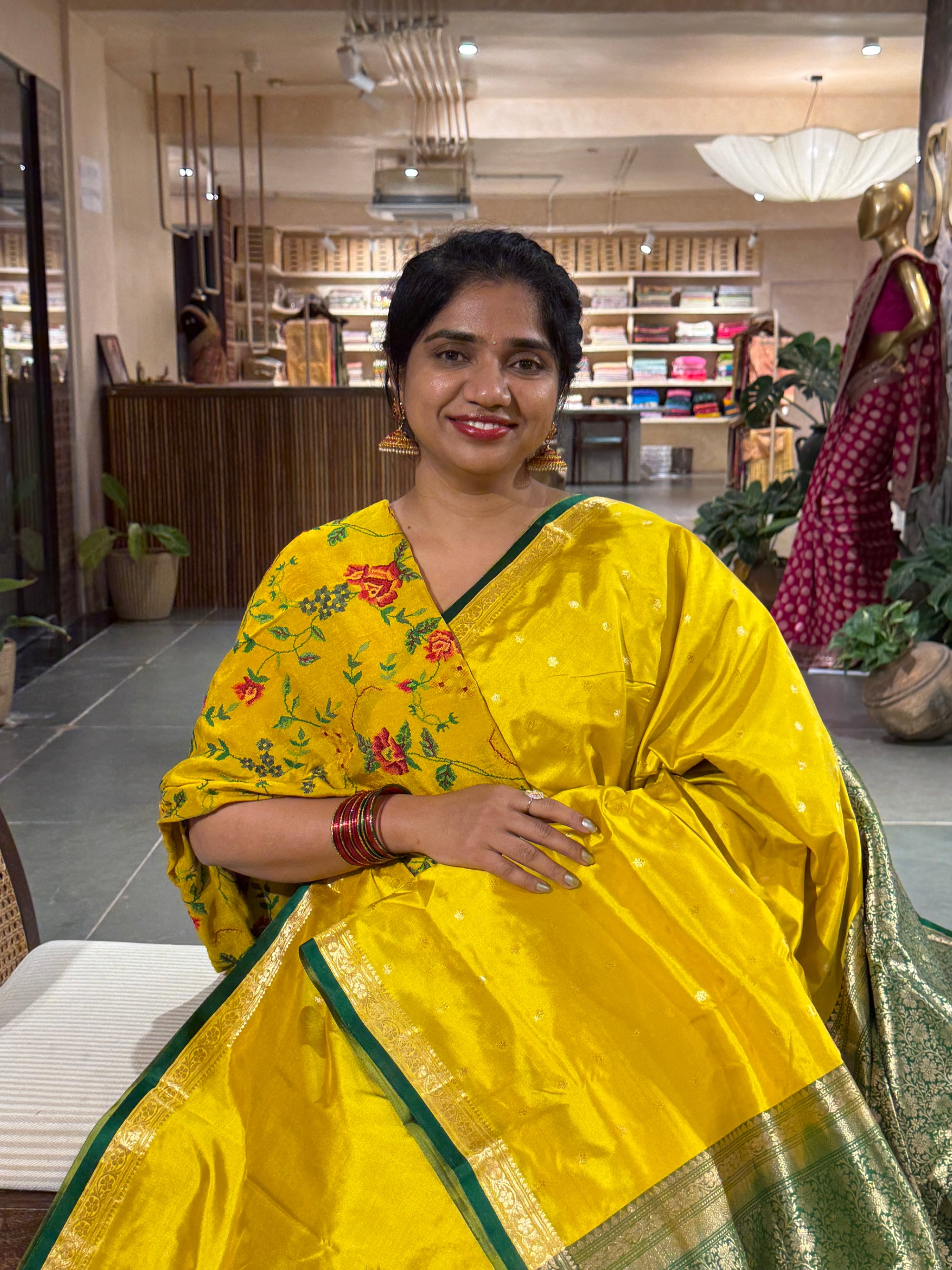 Mango yellow-Banarasi Katan Silk Saree With Petite Point Embroidered Silk Blouse