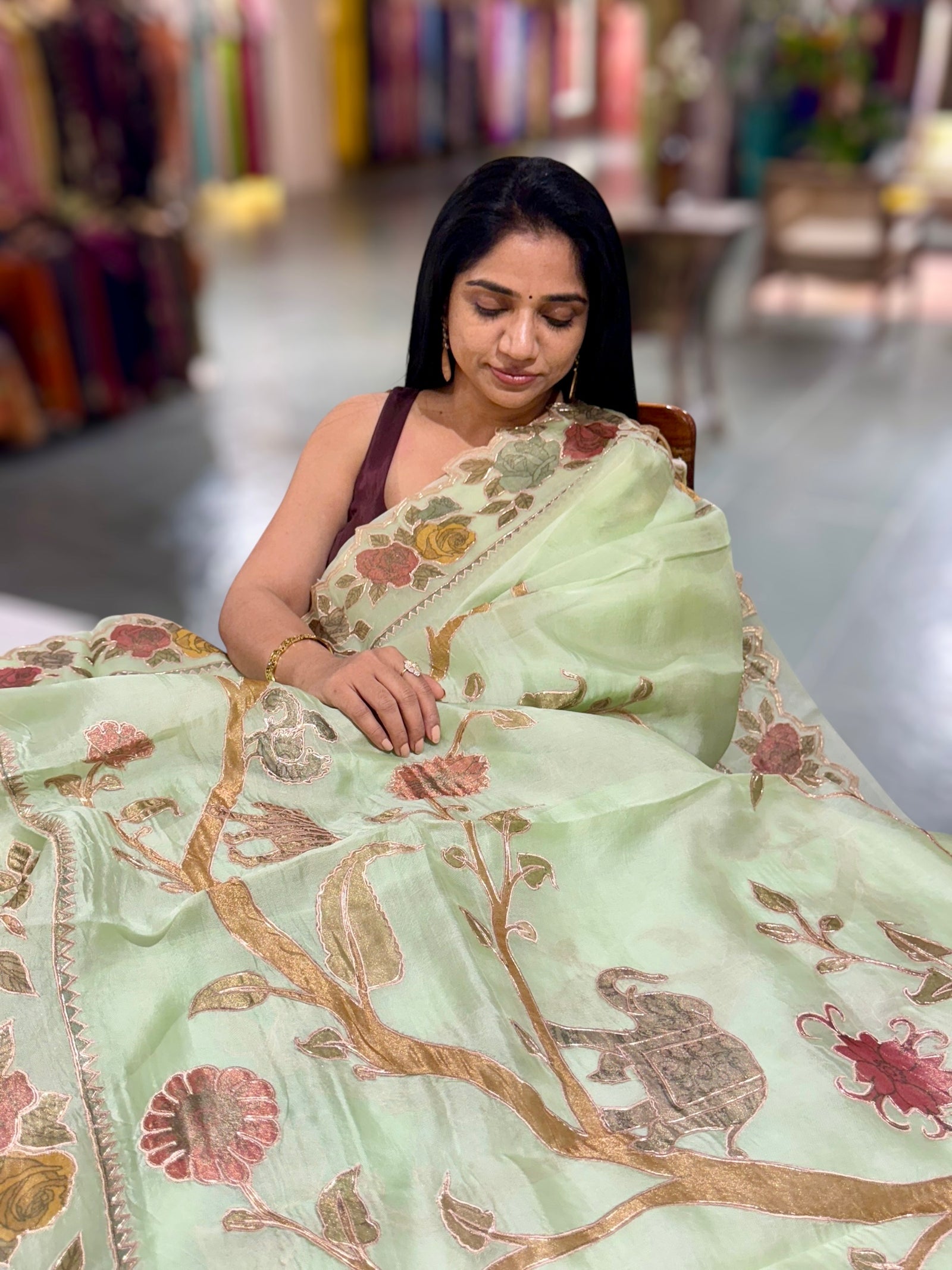 Sea Green Pure Organza Applique Work Saree