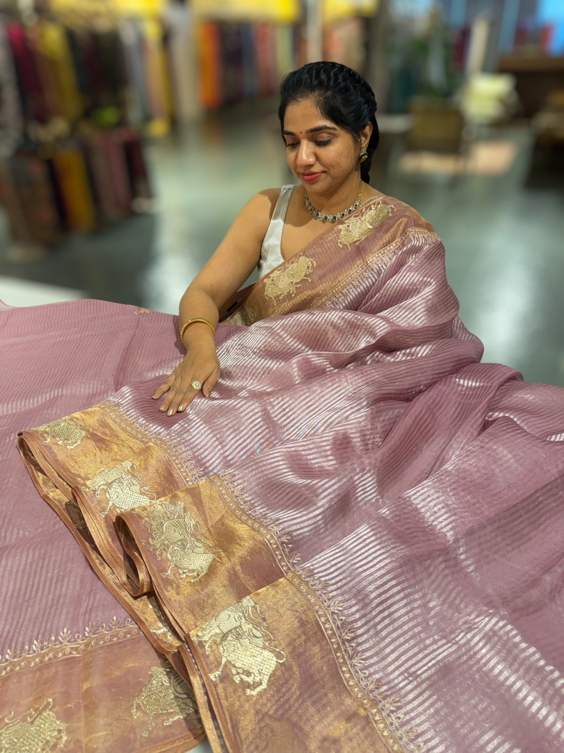 Lilac Kora tissue stripes Saree with Nandi embroidered tissue border