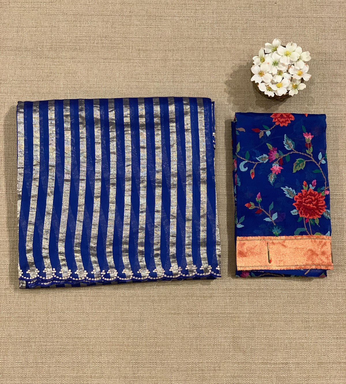 Electric Blue Mul tissue stripes saree with fusion blouse : D62139