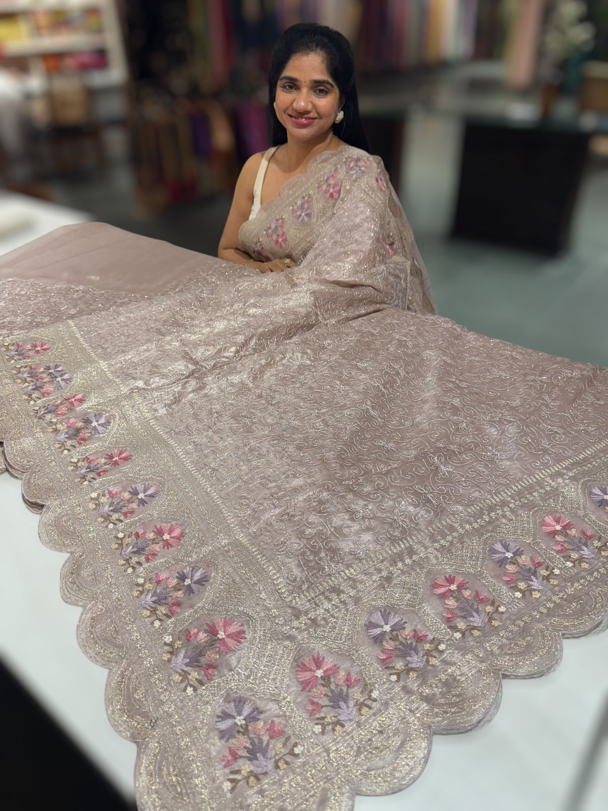 Dusty mauve Glass Organza Saree with allover embroidery