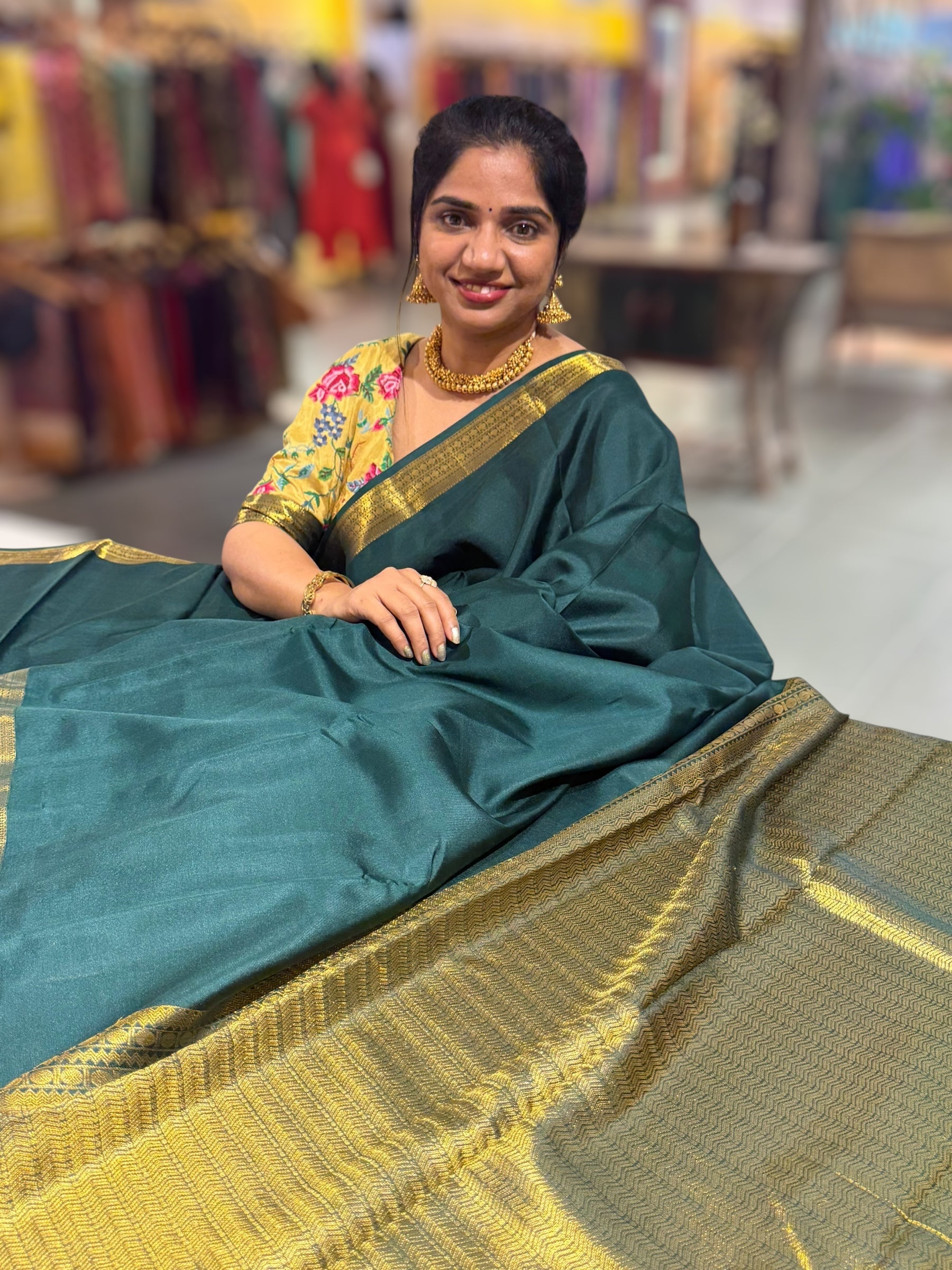 Bottle Green Kanchi Vintage Saree with Petite Point Embroidered Blouse