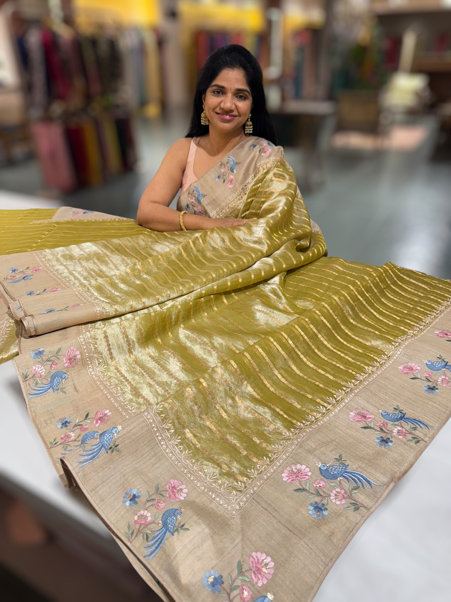 Lime Green Pure Handloom Tissue Saree with pure Tussar embroidered border
