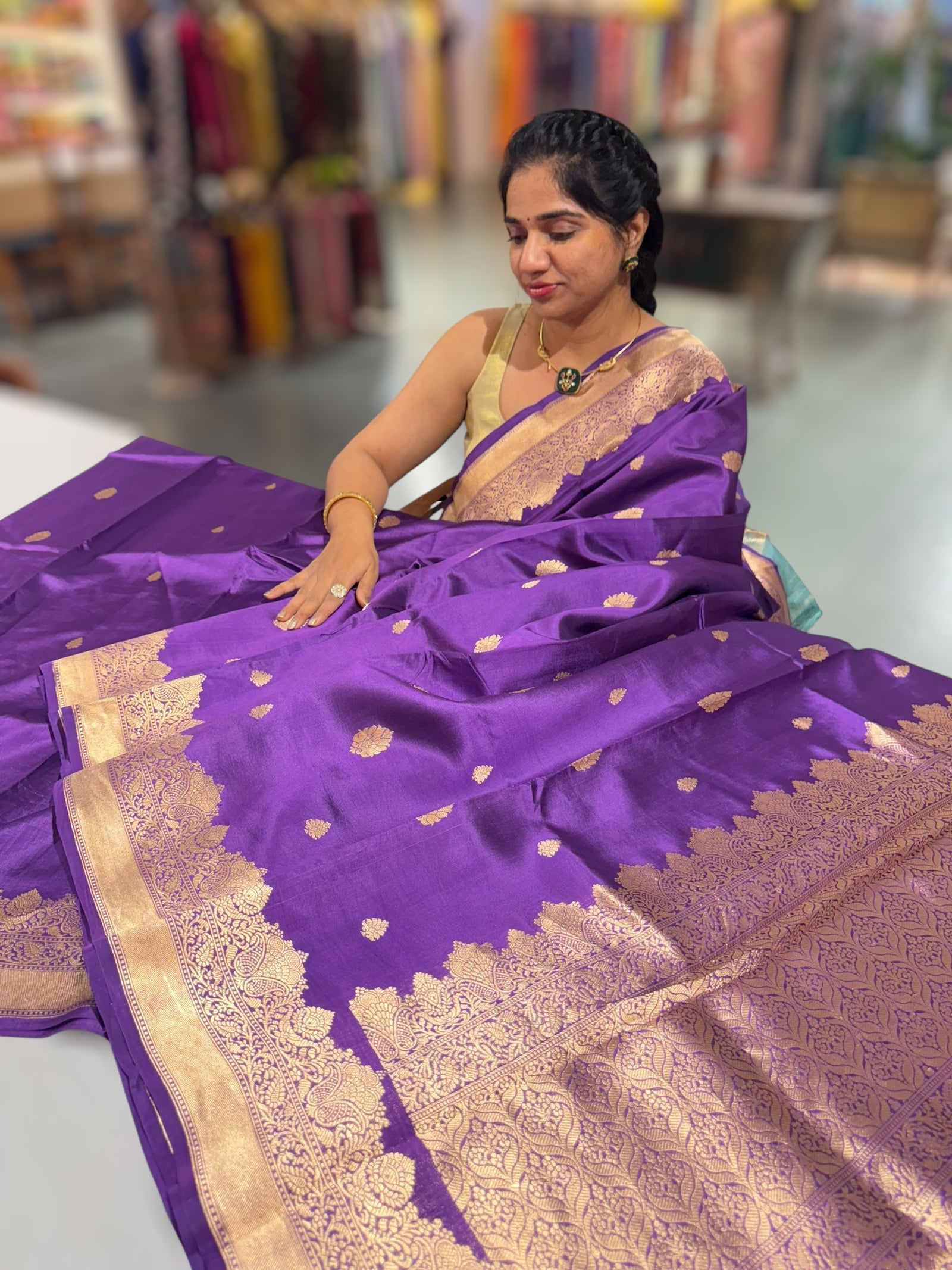 Brinjal Poona Silk Saree with double Borders