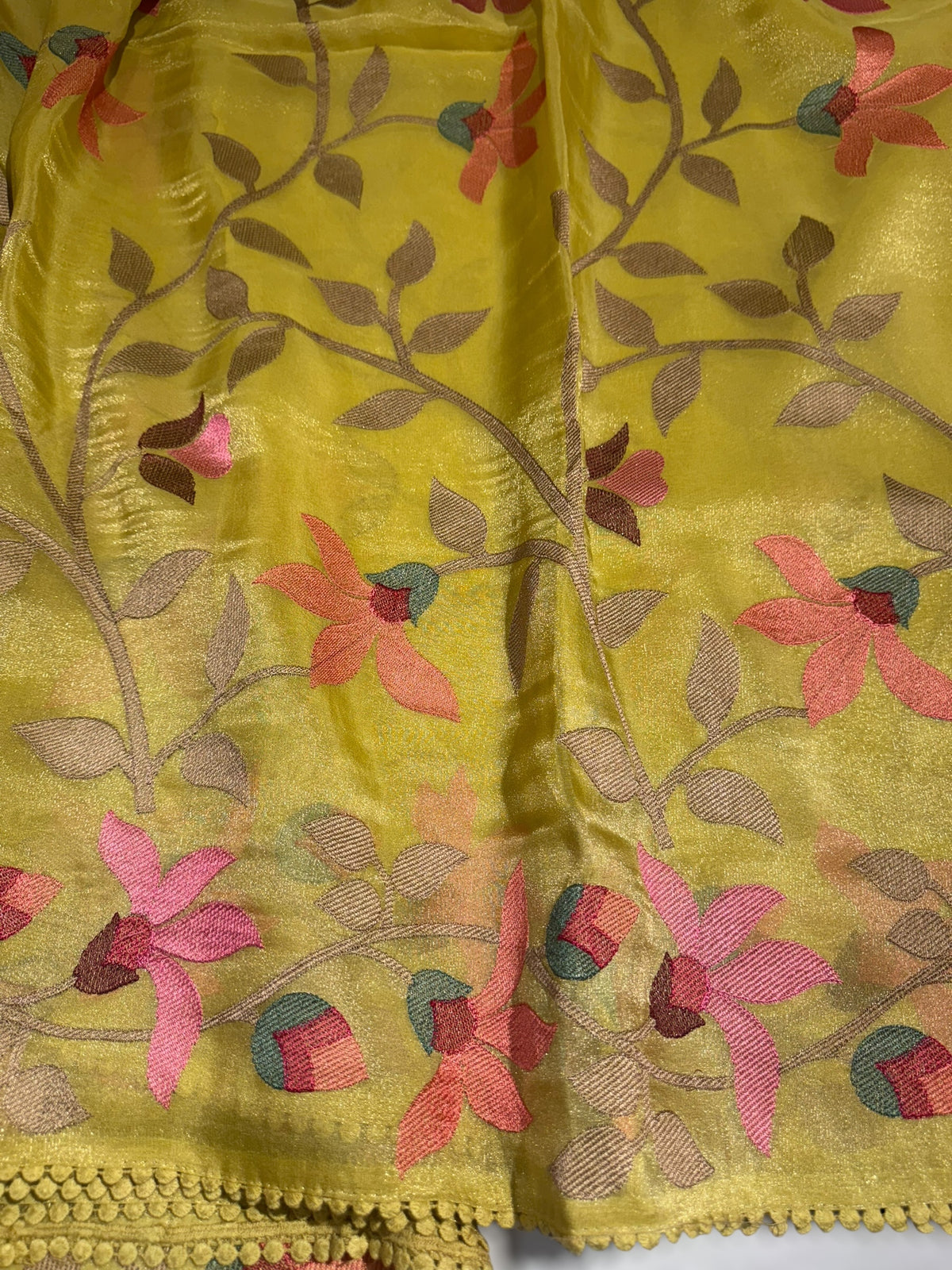 Lime yellow Tissue georgette saree with embroidery