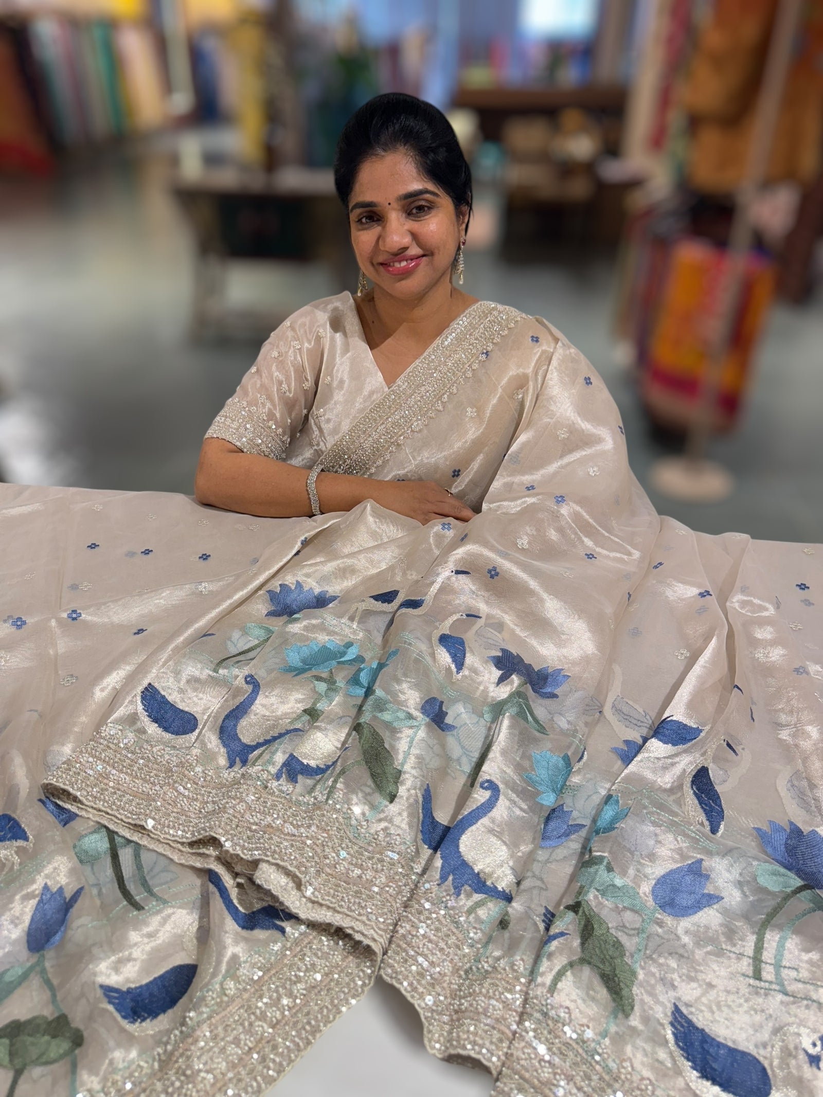 Silver Tissue Designer Saree with heavy handwork and embroidery