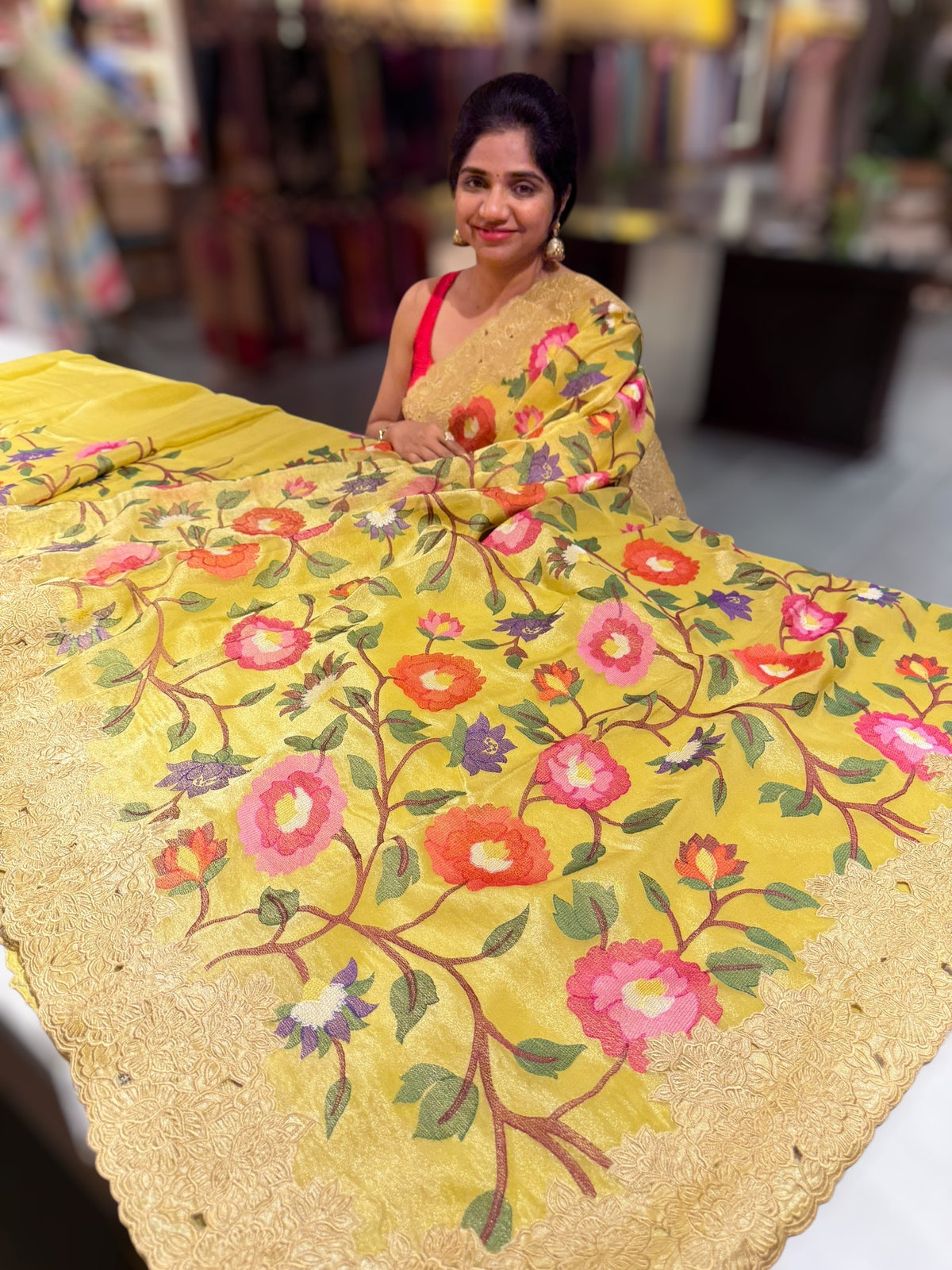 Yellow Tissue georgette with embroidery and cutwork border