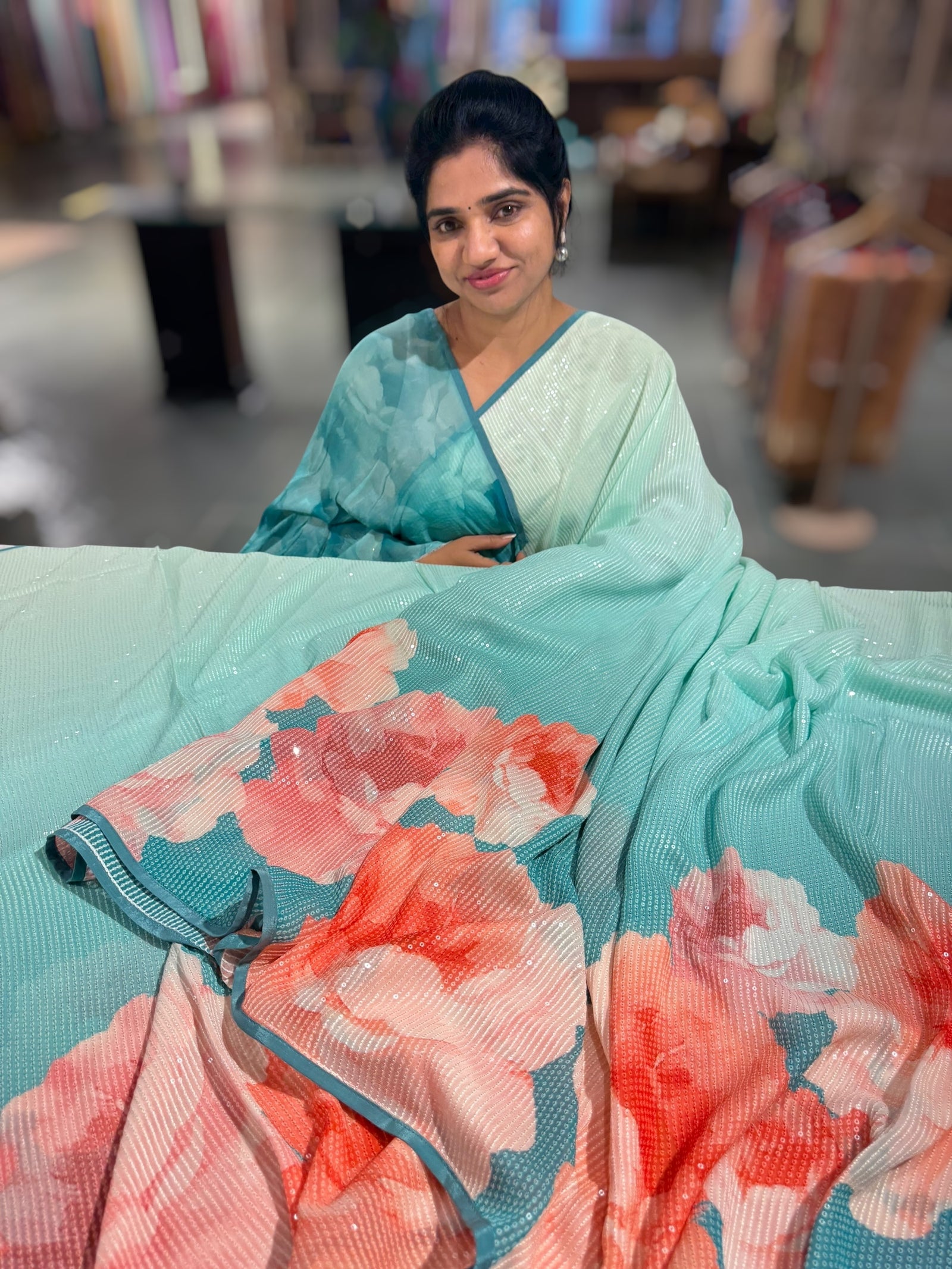 Pink & Blue shaded Georgette sequence Sarees with statement Floral print