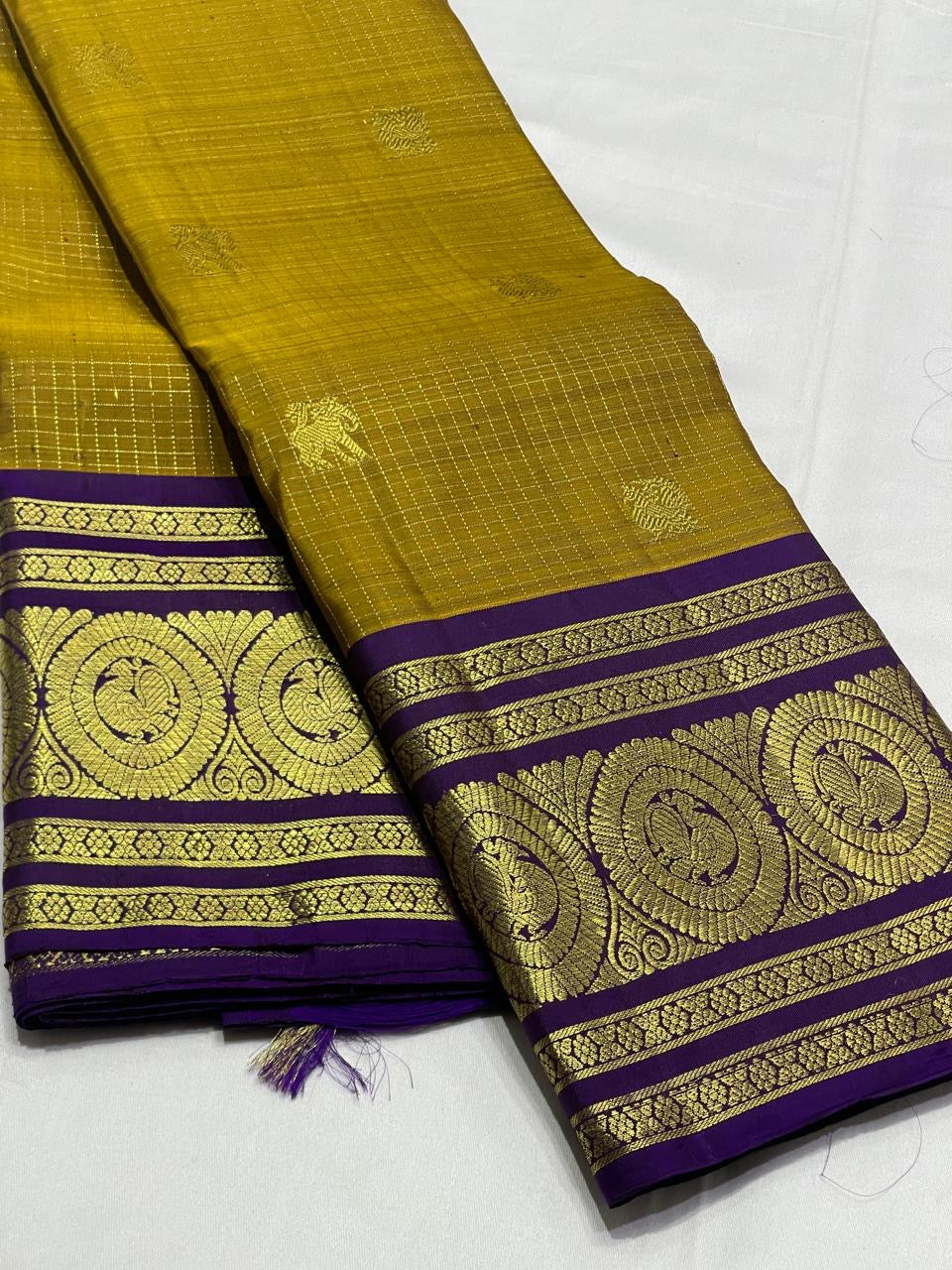 Mustard olive & Brinjal Combo Kanchipuram Vintage checks Saree