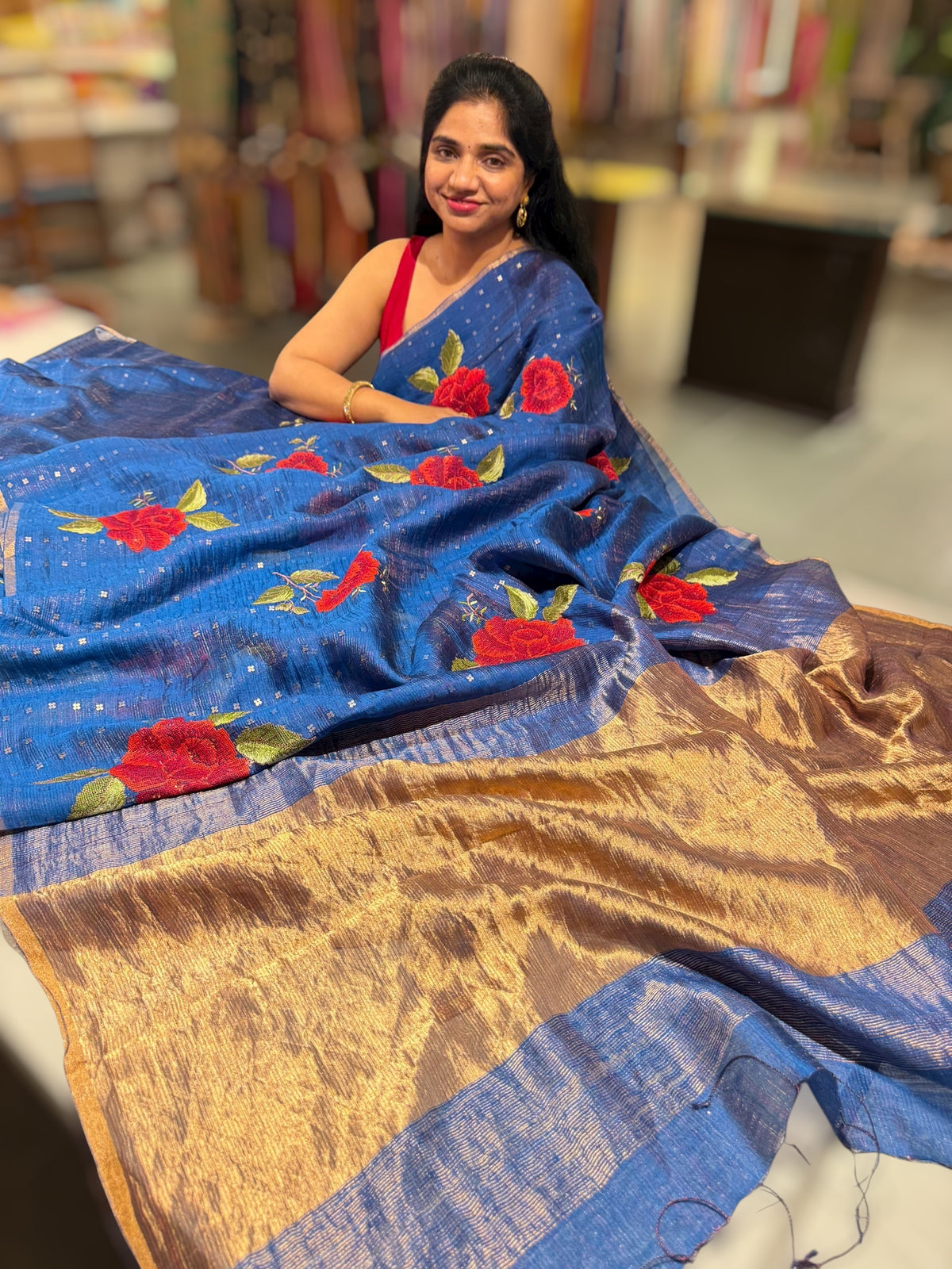 Tussar Kota Saree with embedded sequnce and hibuscus flower embroidery