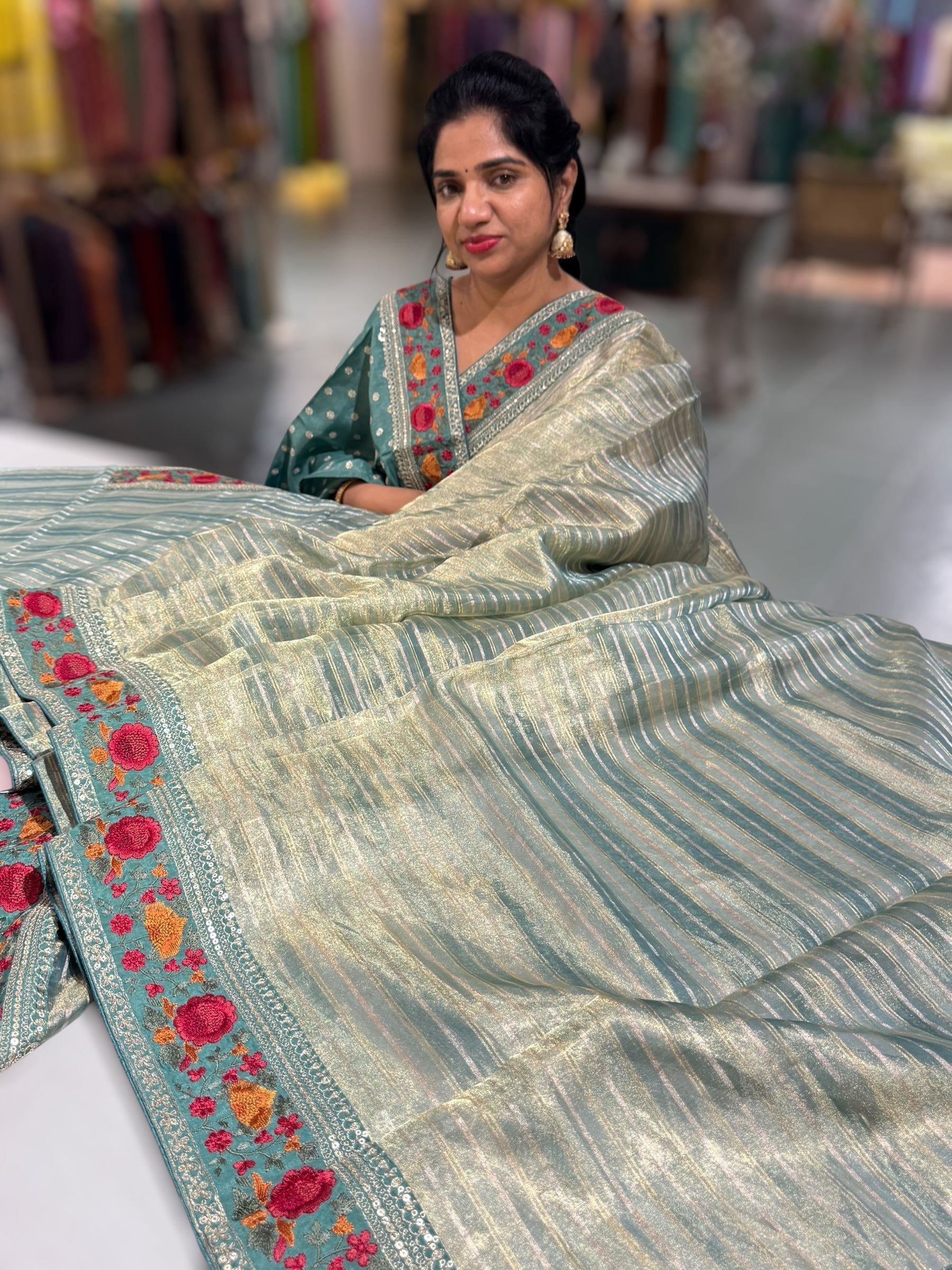 Sage Green Kora Tissue Stripes Saree with Sabhyasachi Style Embroidered Borders & Blouse