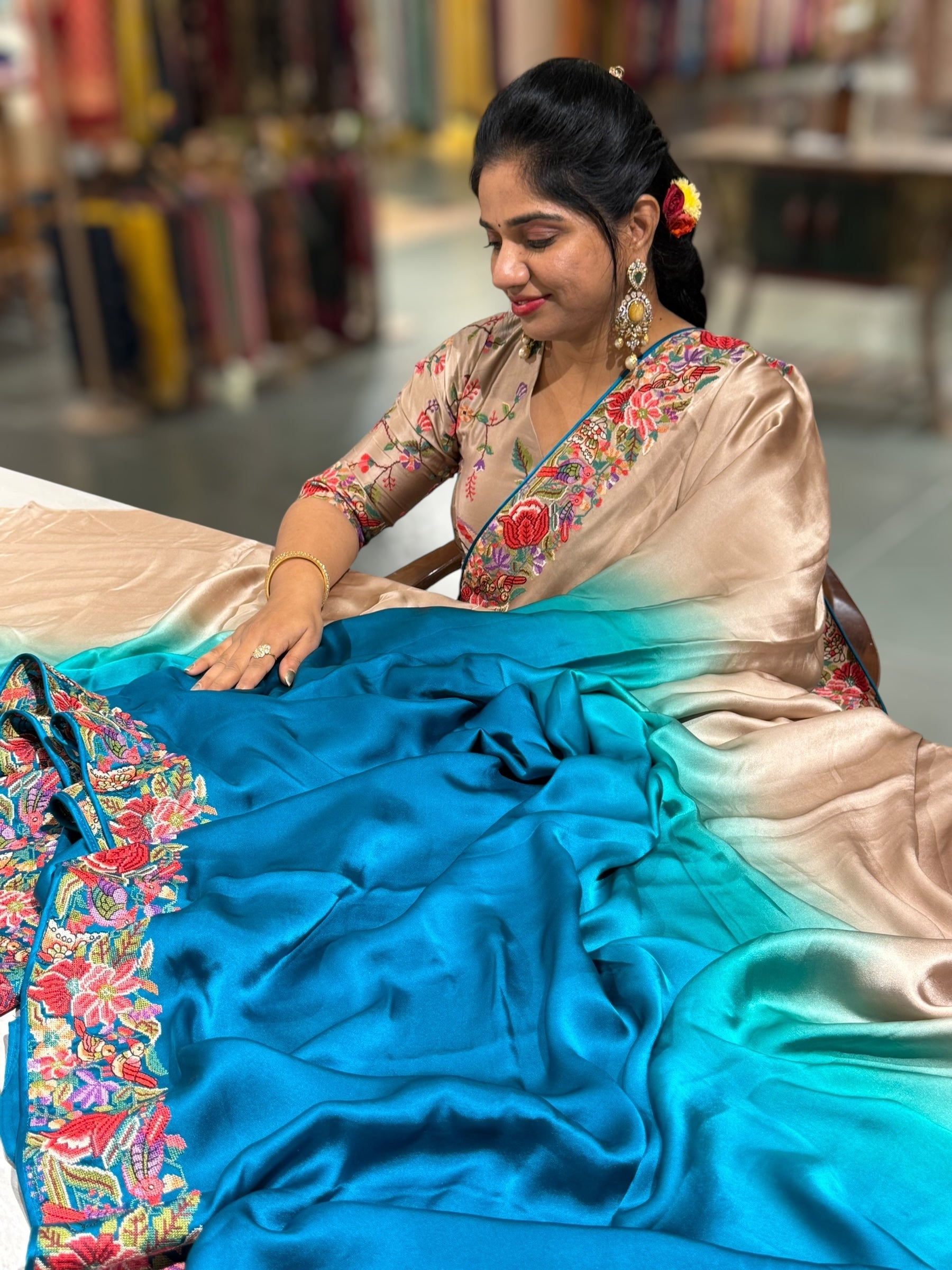 Pure Satin Ombre Dyed Saree with Petite Point Embroidered Border and blouse.