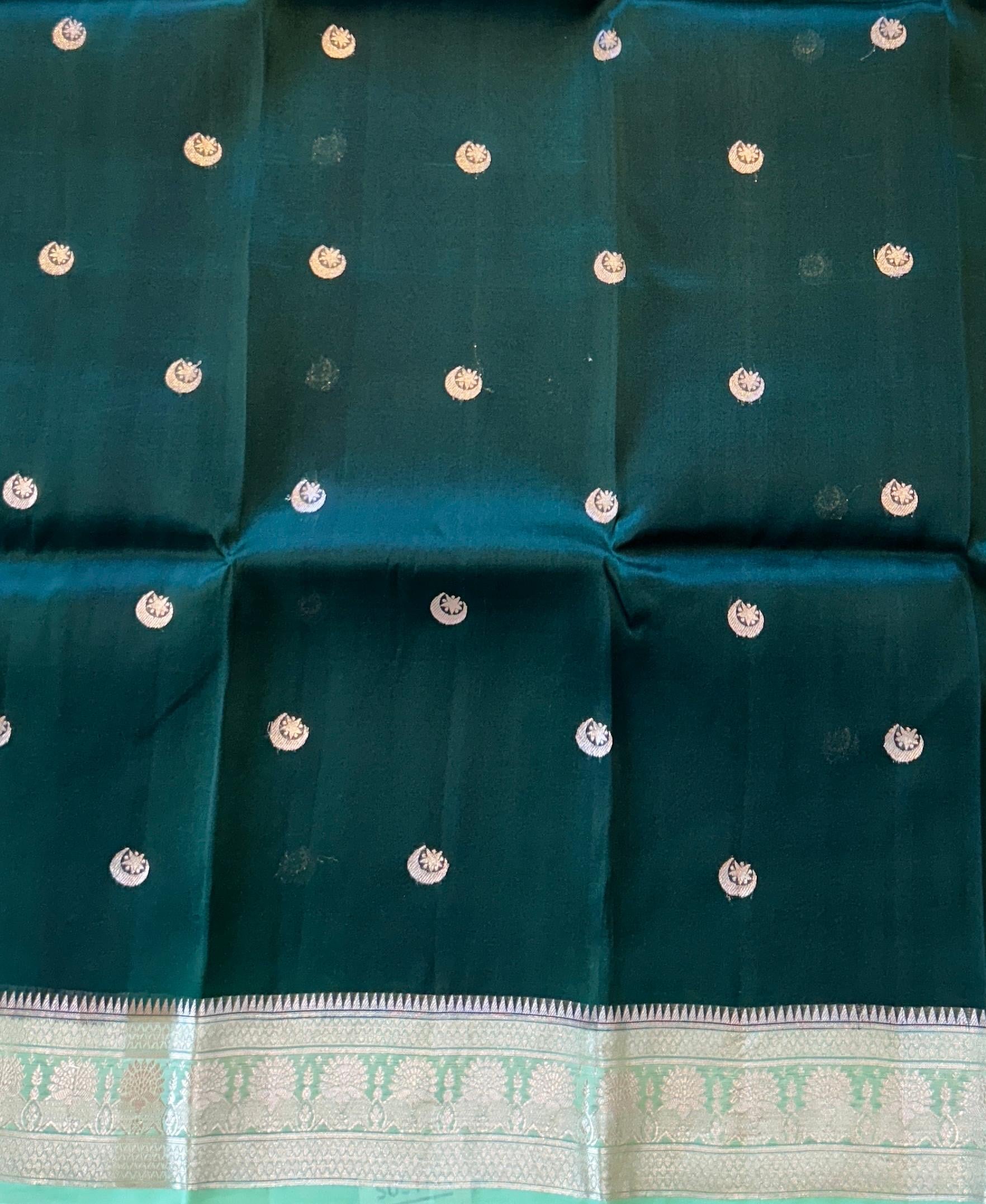 Bottle Green & Sea Green Combo Pure Handloom premium Kora Banarasi Saree