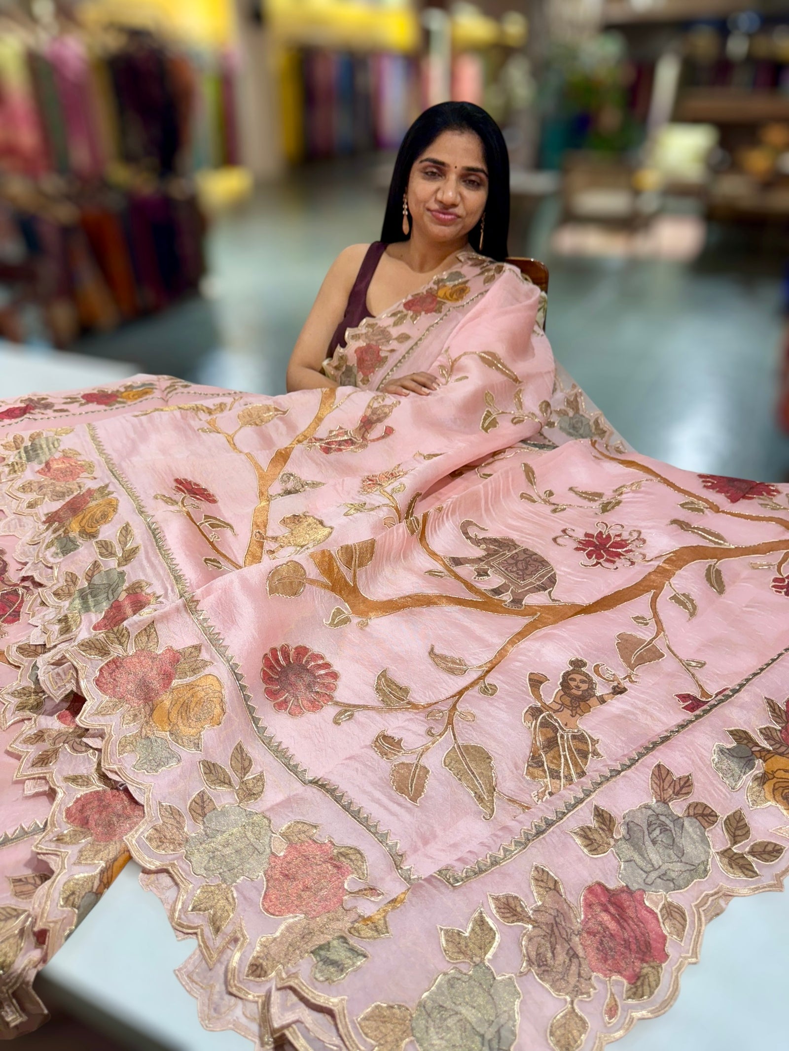 Blush Pink Pure Organza Applique Work Saree