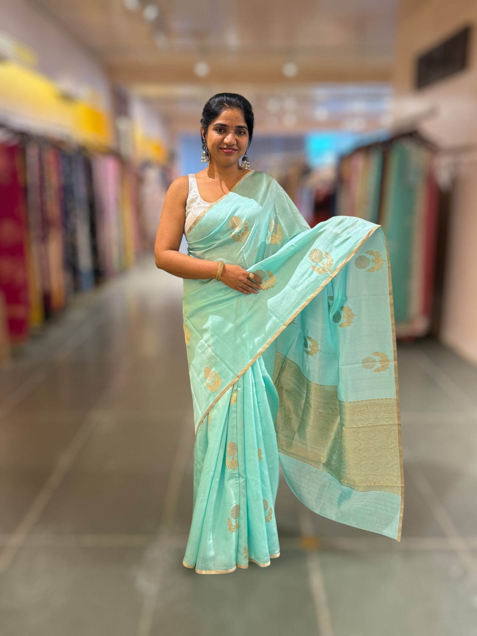 Pastel Blue Borderless Poona Silk Saree