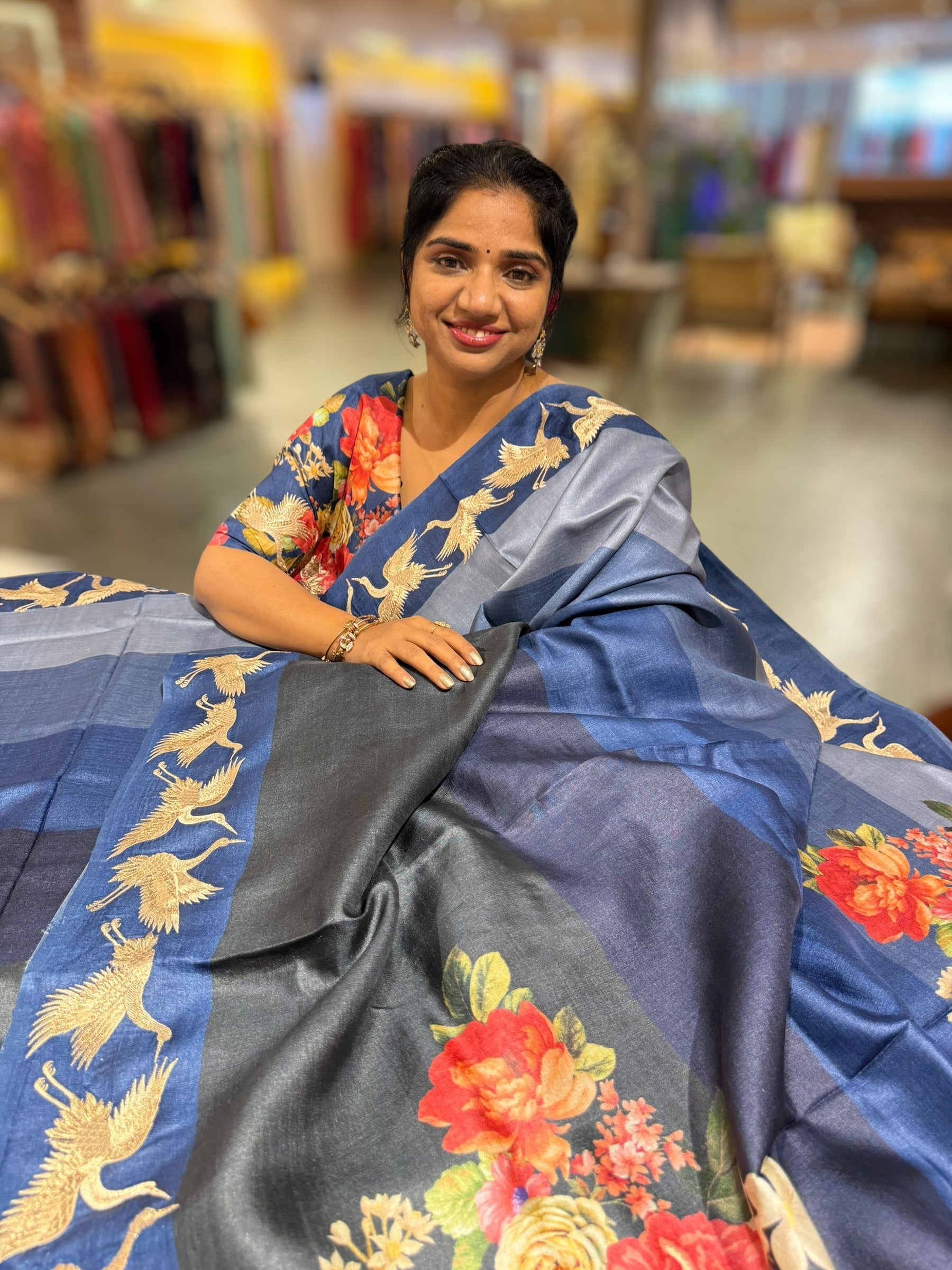 Tussar Rangkaat Saree With Crane Bird  Embroidered Border