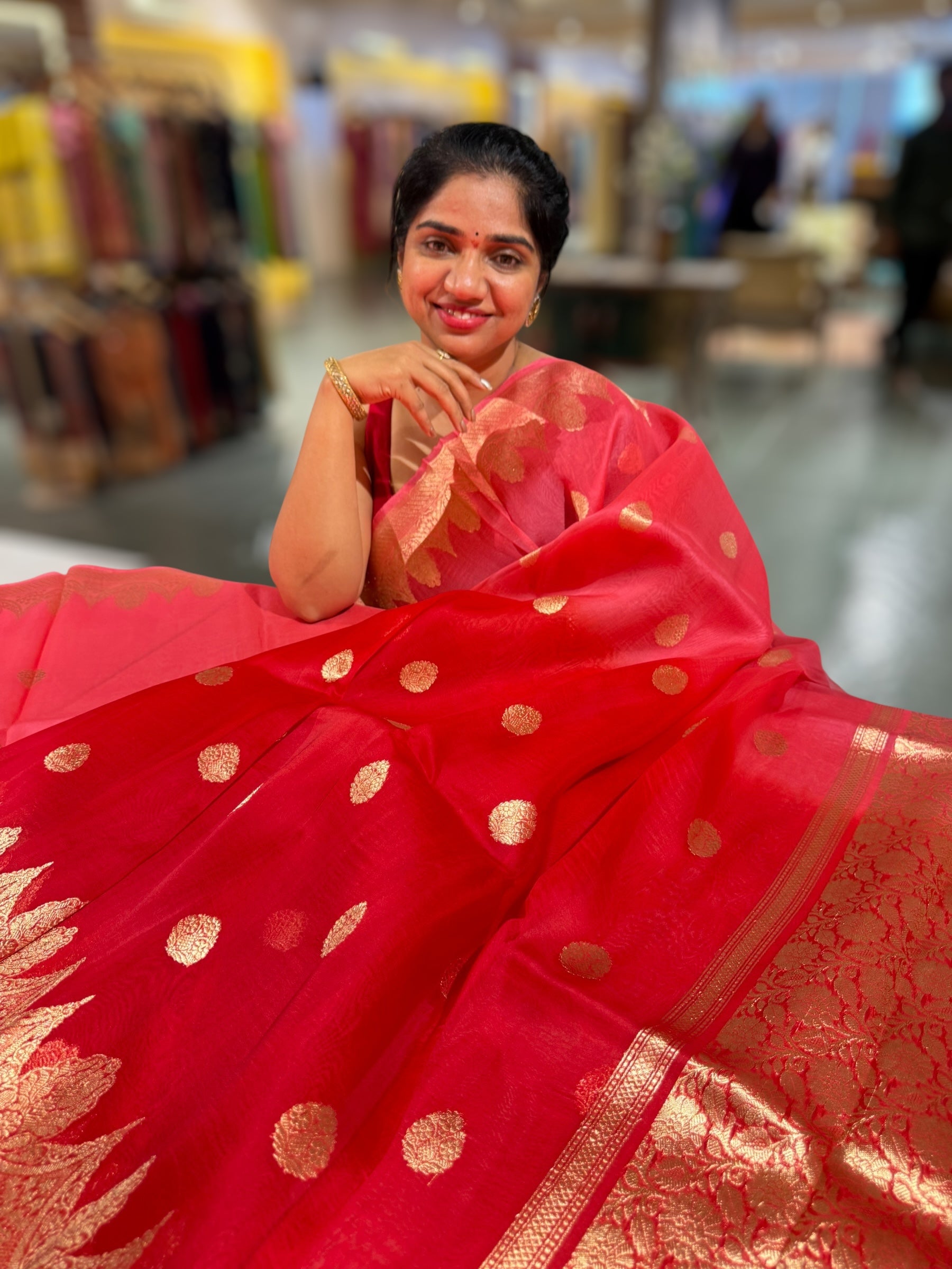 Peach and Red Shaded Premium Kora Banarasi Saree with Open Borders