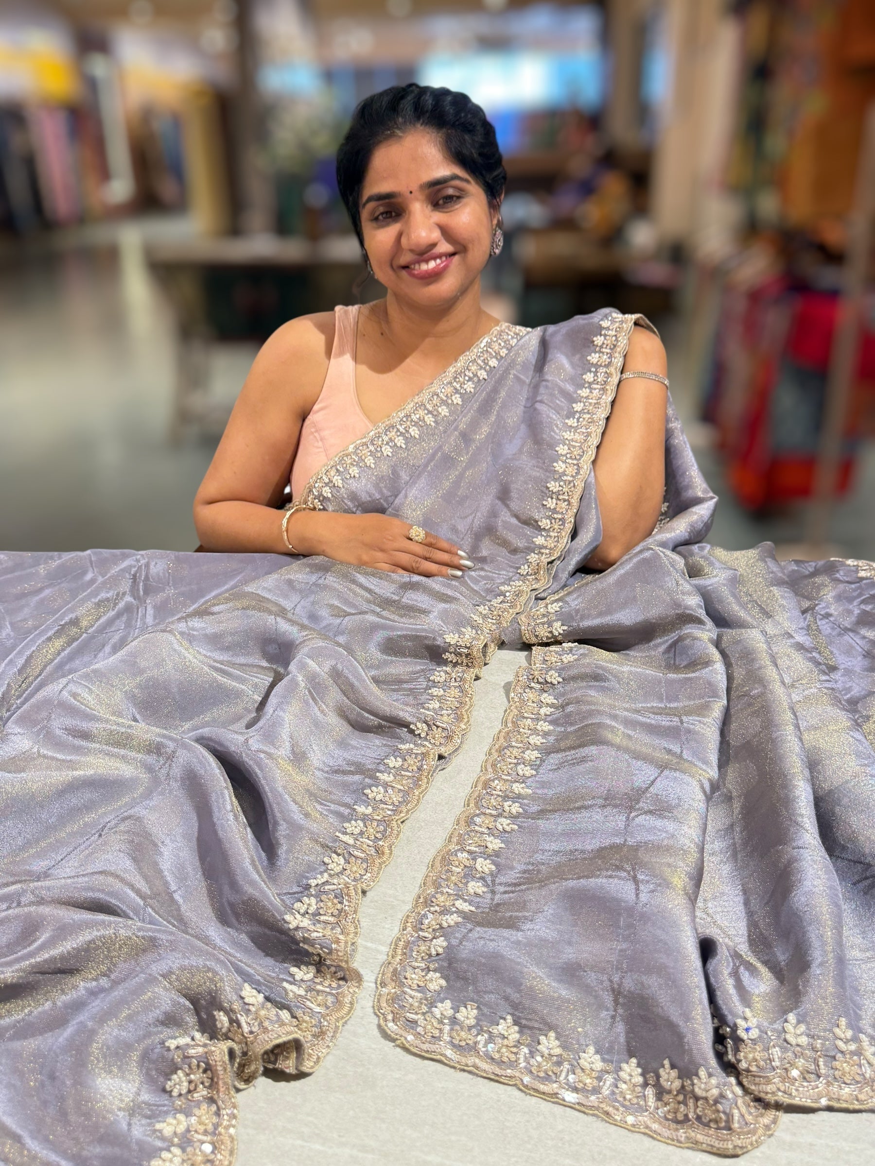 Greyish Violet Tissue Gorgette Saree With Hanwork Border and Blouse.