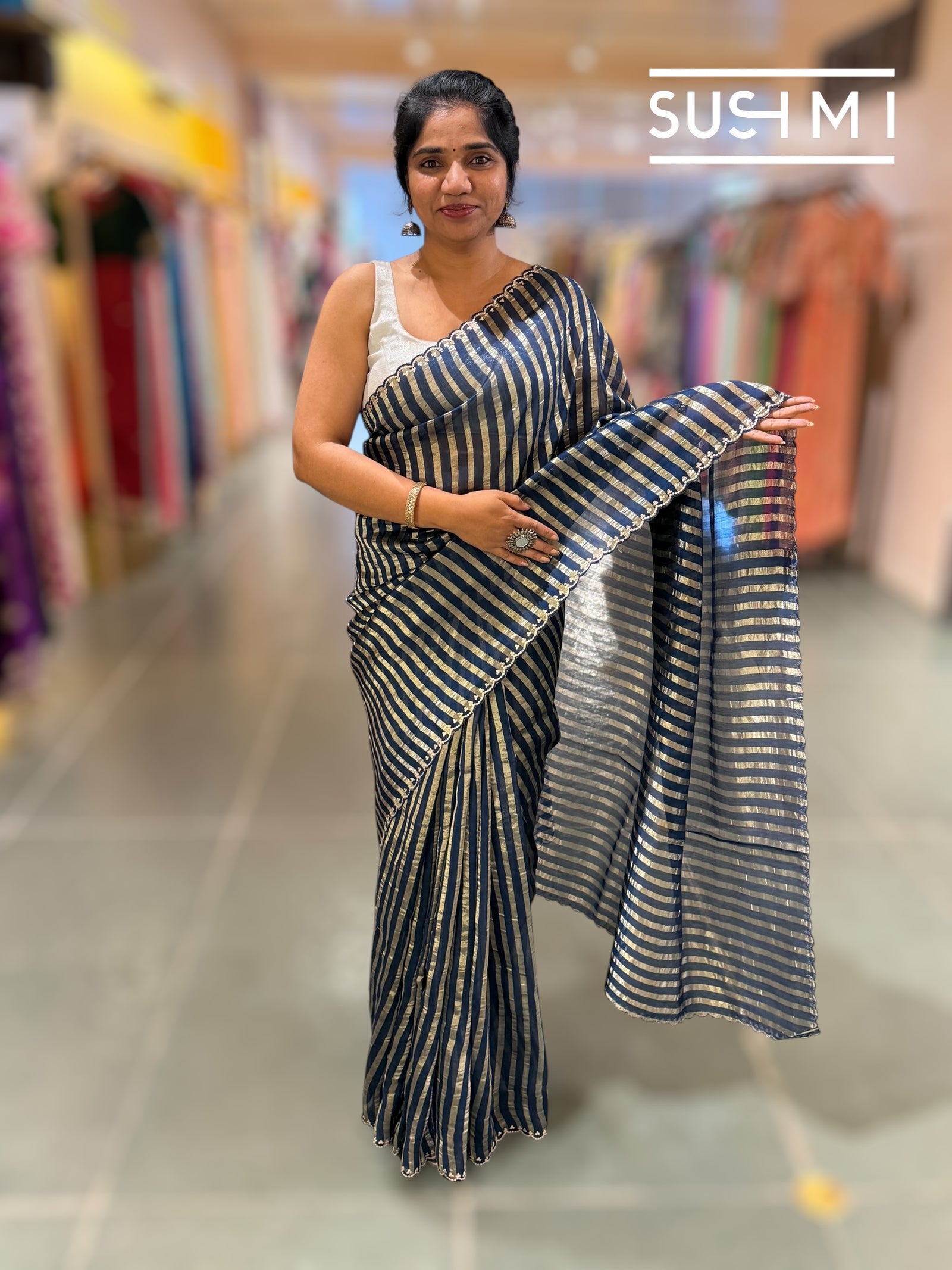 Midnight blue Mul tissue stripes saree with fusion blouse : D62134