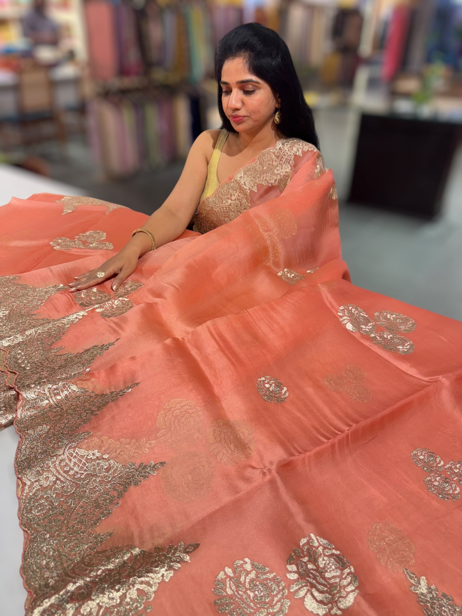 Coral Peach Organza with chantilly Lace embroidery