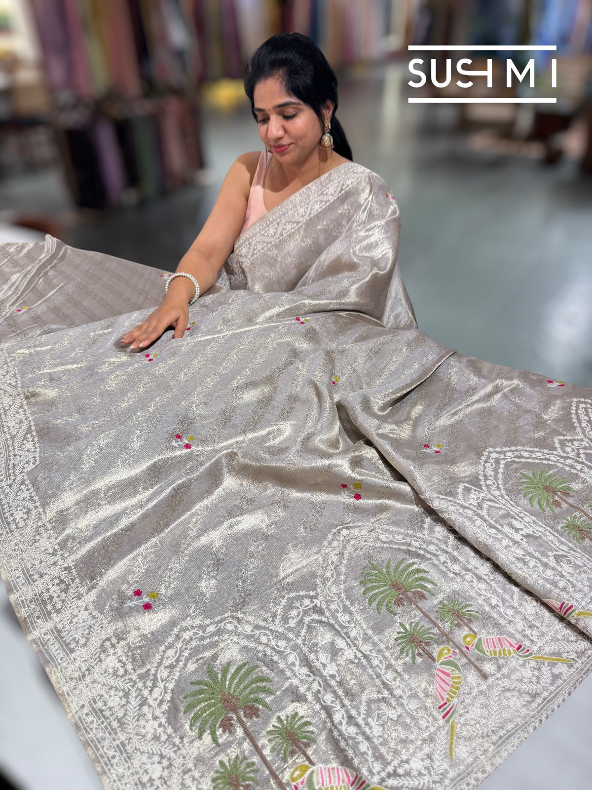 Silver Tissue Brocade Kanjeevaram with embroidery D62F038