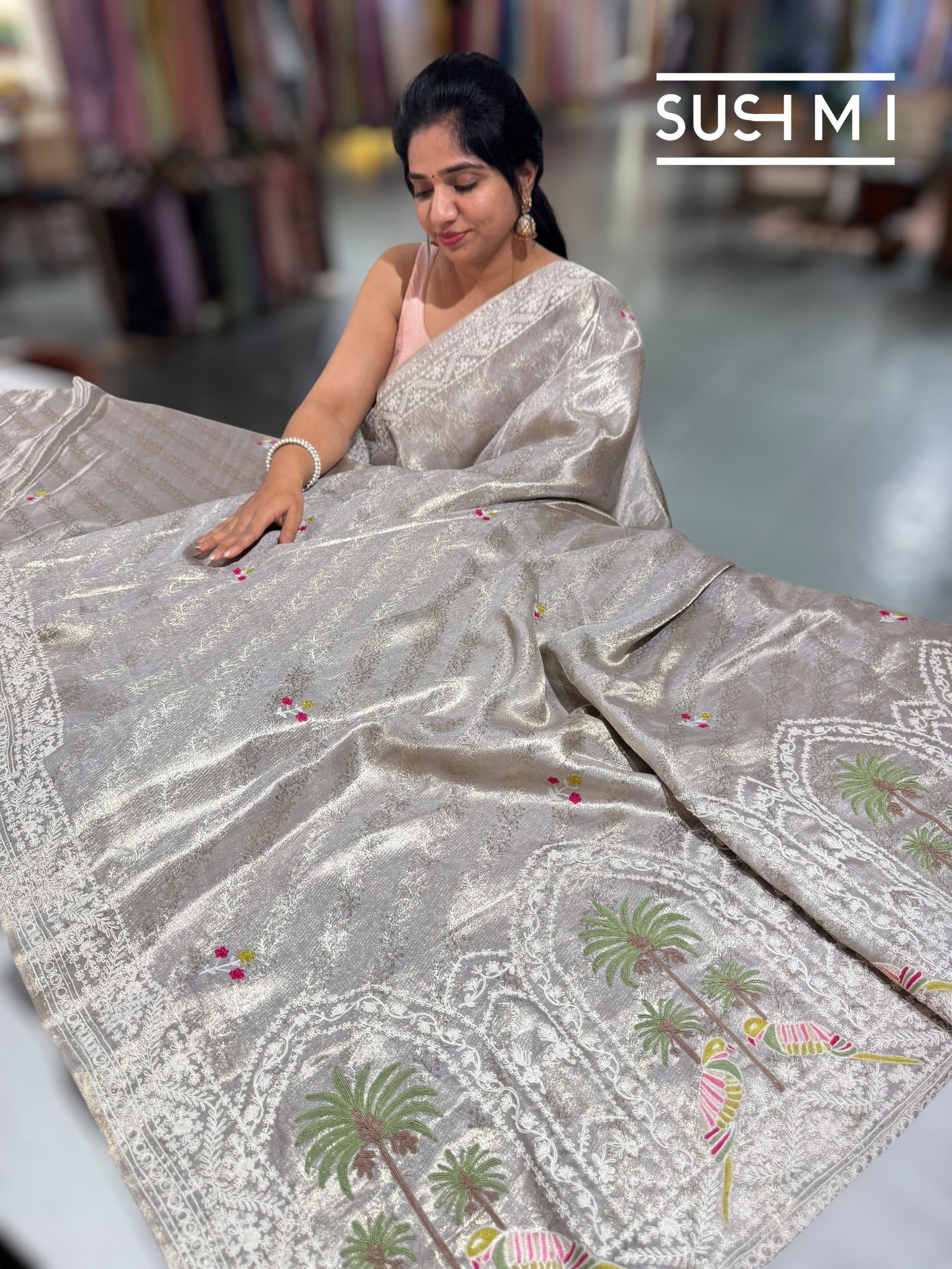 Silver Tissue Brocade Kanjeevaram with embroidery D62F038