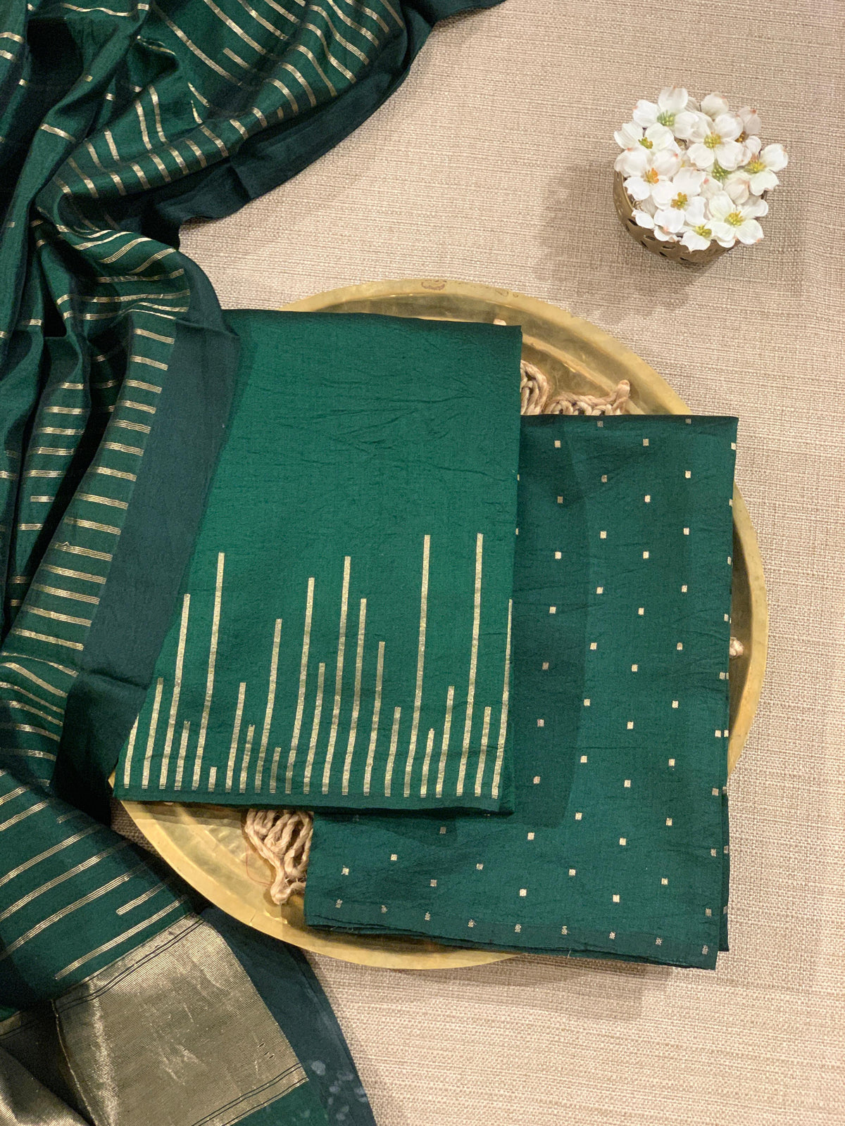 Bottle Green Banarasi Handloom Chiniya Silk 3-pc Suit Set