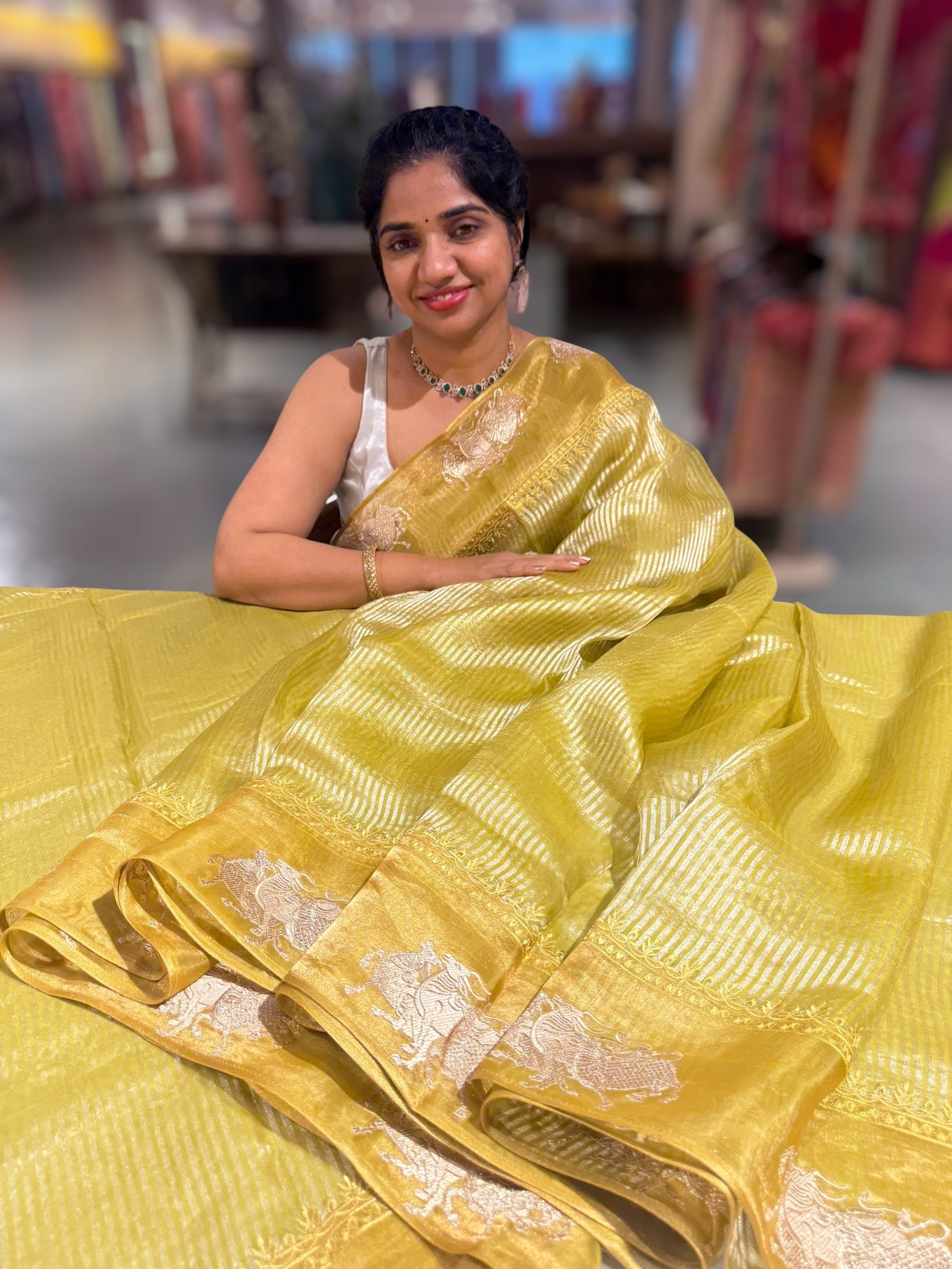 Lime Green Kora tissue stripes Saree with Nandi embroidered tissue border