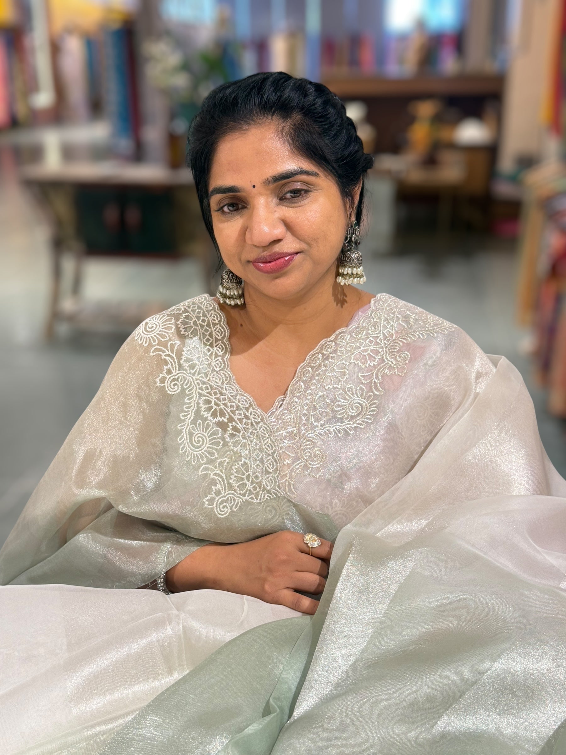 Mint & Silver Ombre dyed Tissue Saree with Cutwork embroidered Borders