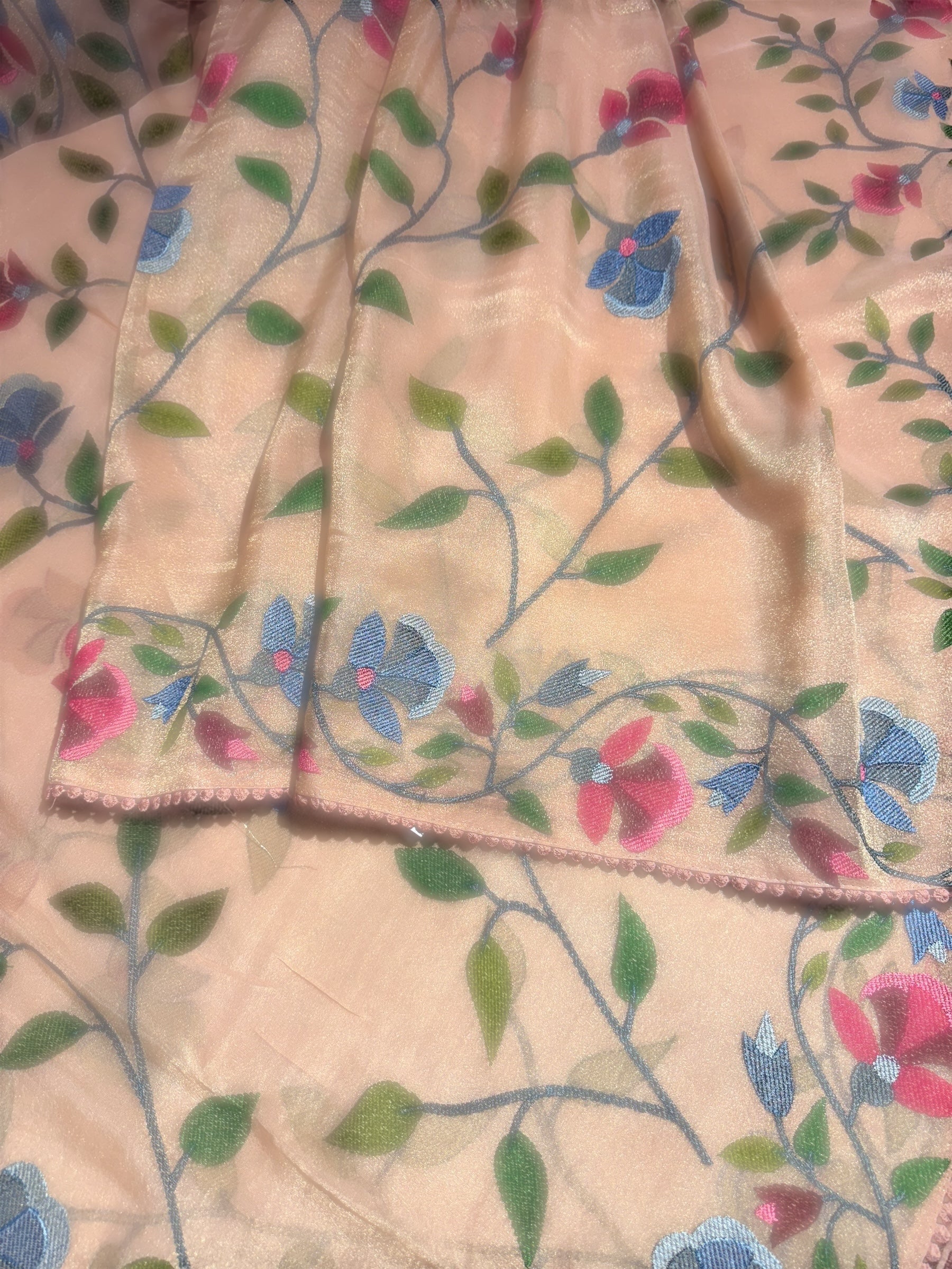 Peach Tissue georgette saree with allover jamdani inspired embroidery