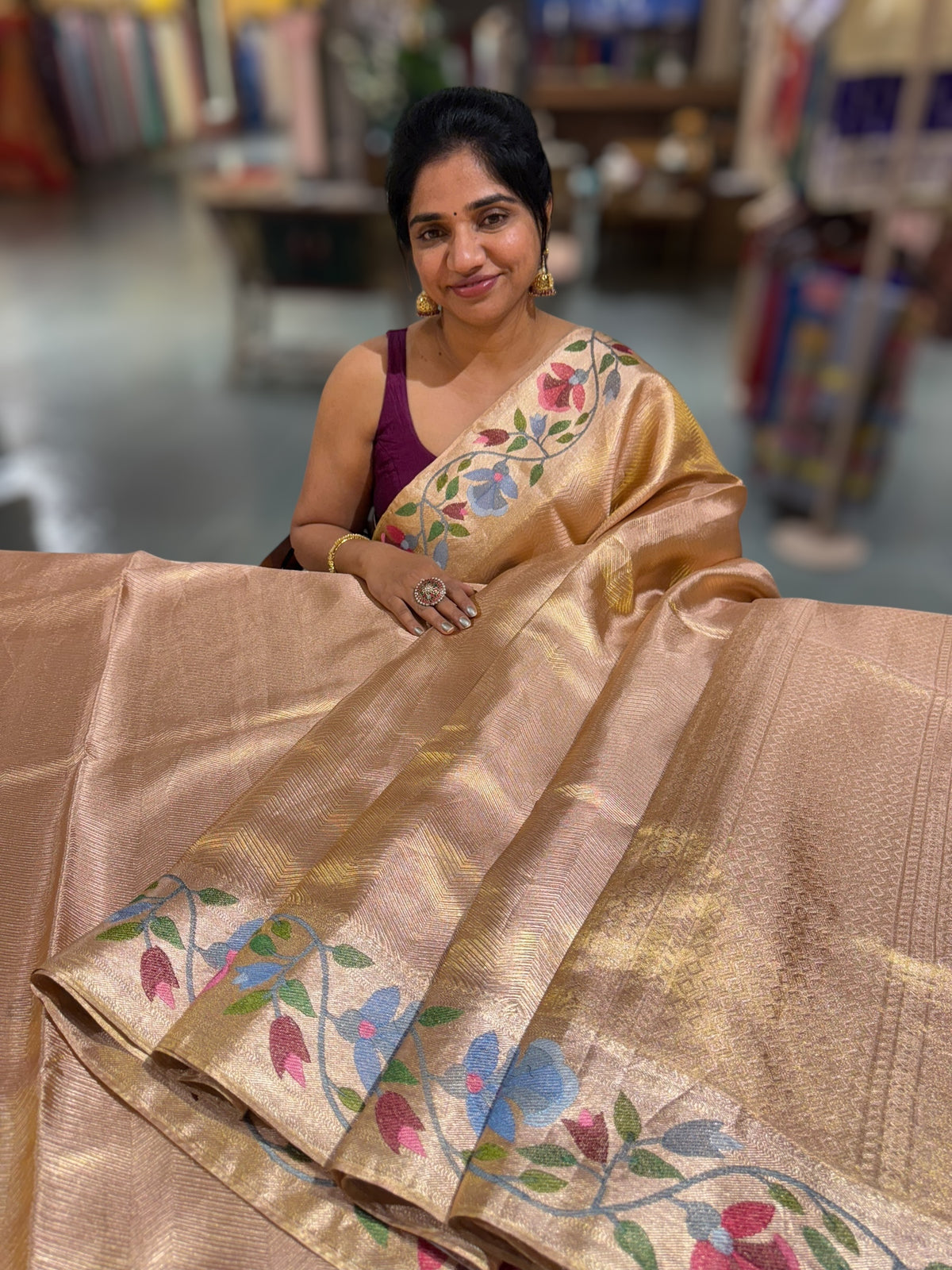 Rose Gold Kanchi Tissue Brocade Saree With jamdani inspired embroidery.