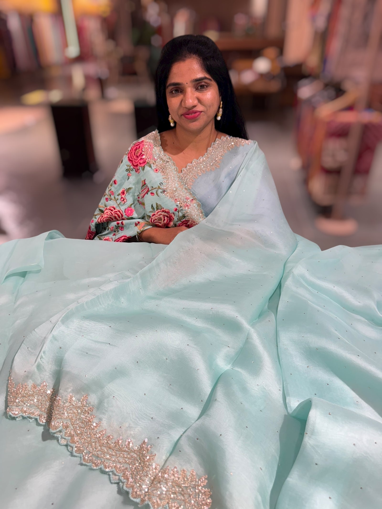 Mint Blue Pure Organza Handwork Saree with heavy Designer Blouse