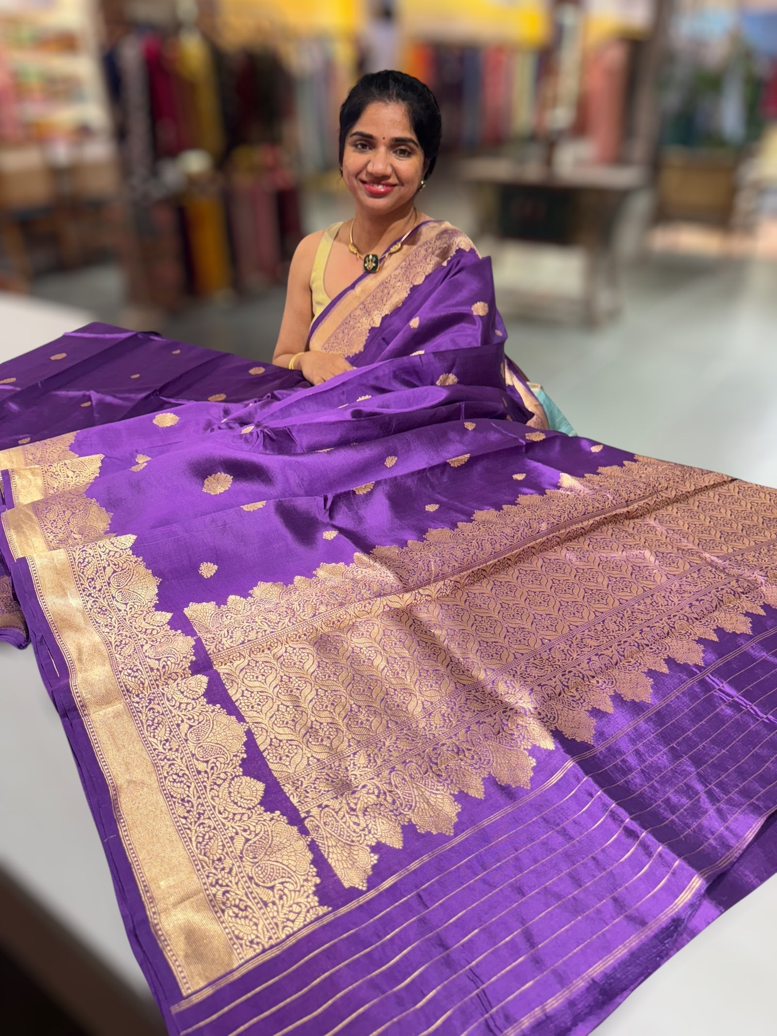 Brinjal Poona Silk Saree with double Borders