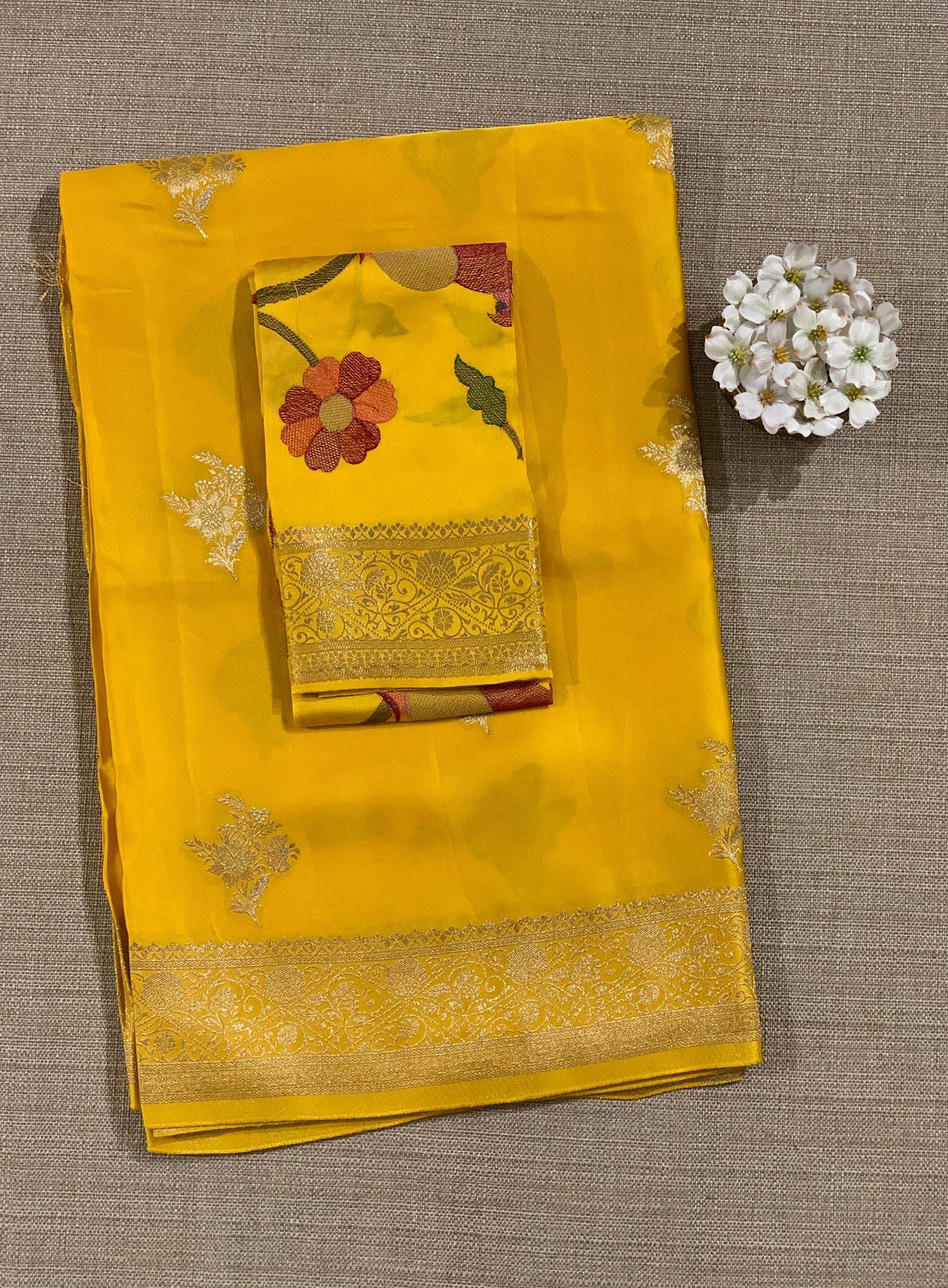 Mango Yellow Mashru Silk Saree with Paithani inspired embroidered blouse