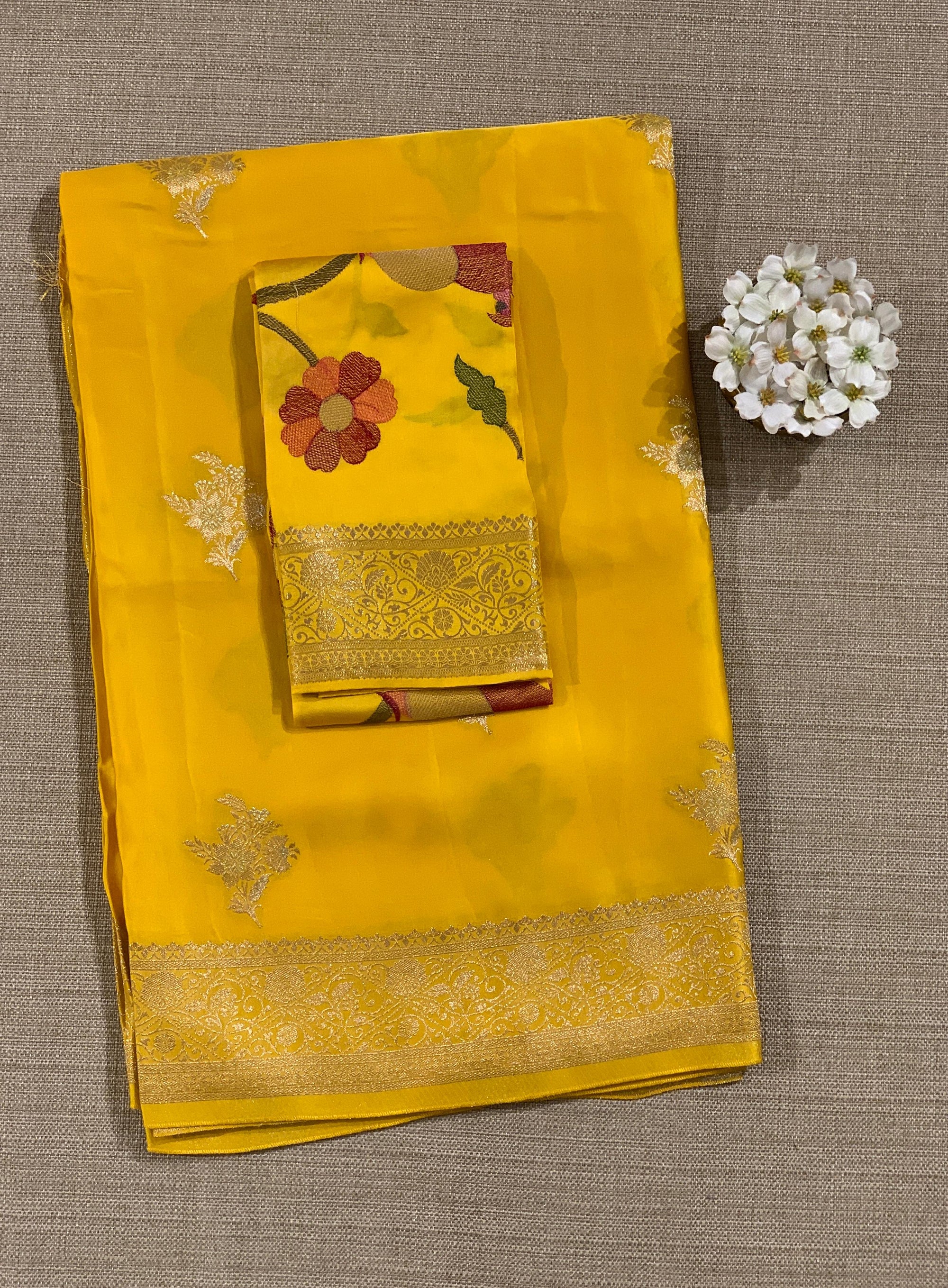 Mango Yellow Mashru Silk Saree with Paithani inspired embroidered blouse