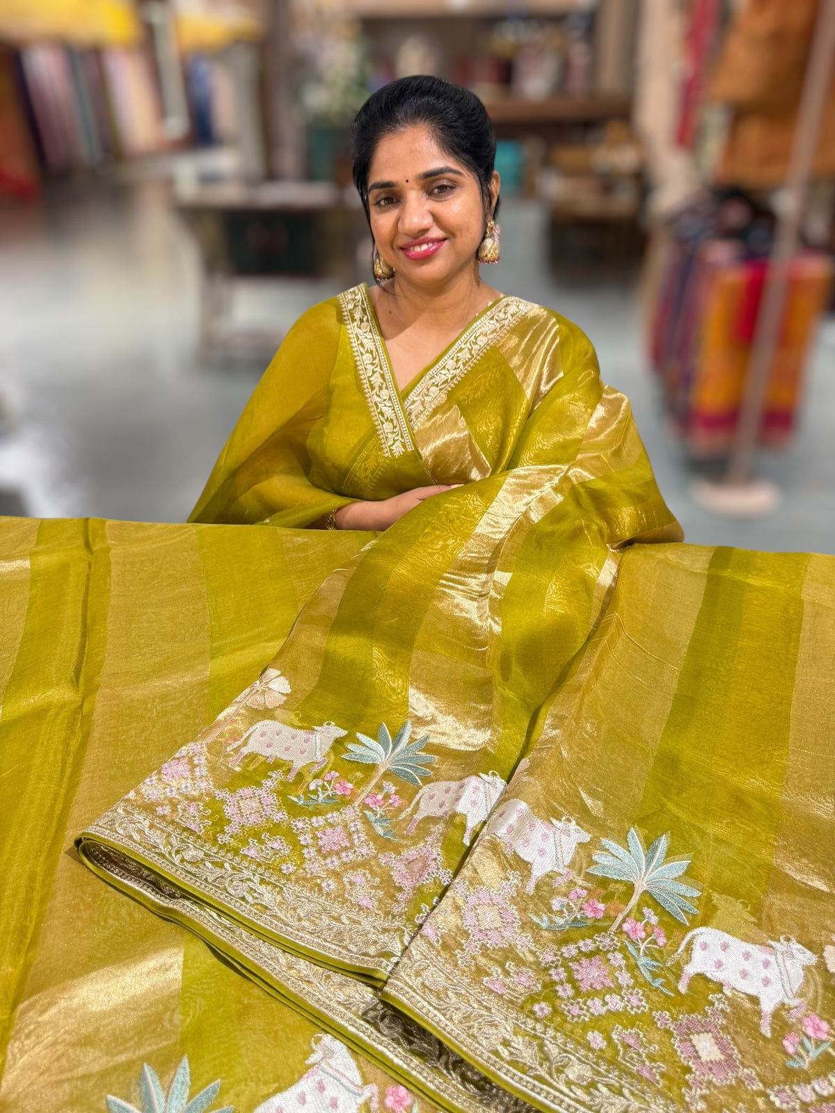 Moong Dal Green Kora Tissue Stripes Saree With Jamdani  & Pichwai embroidered Border