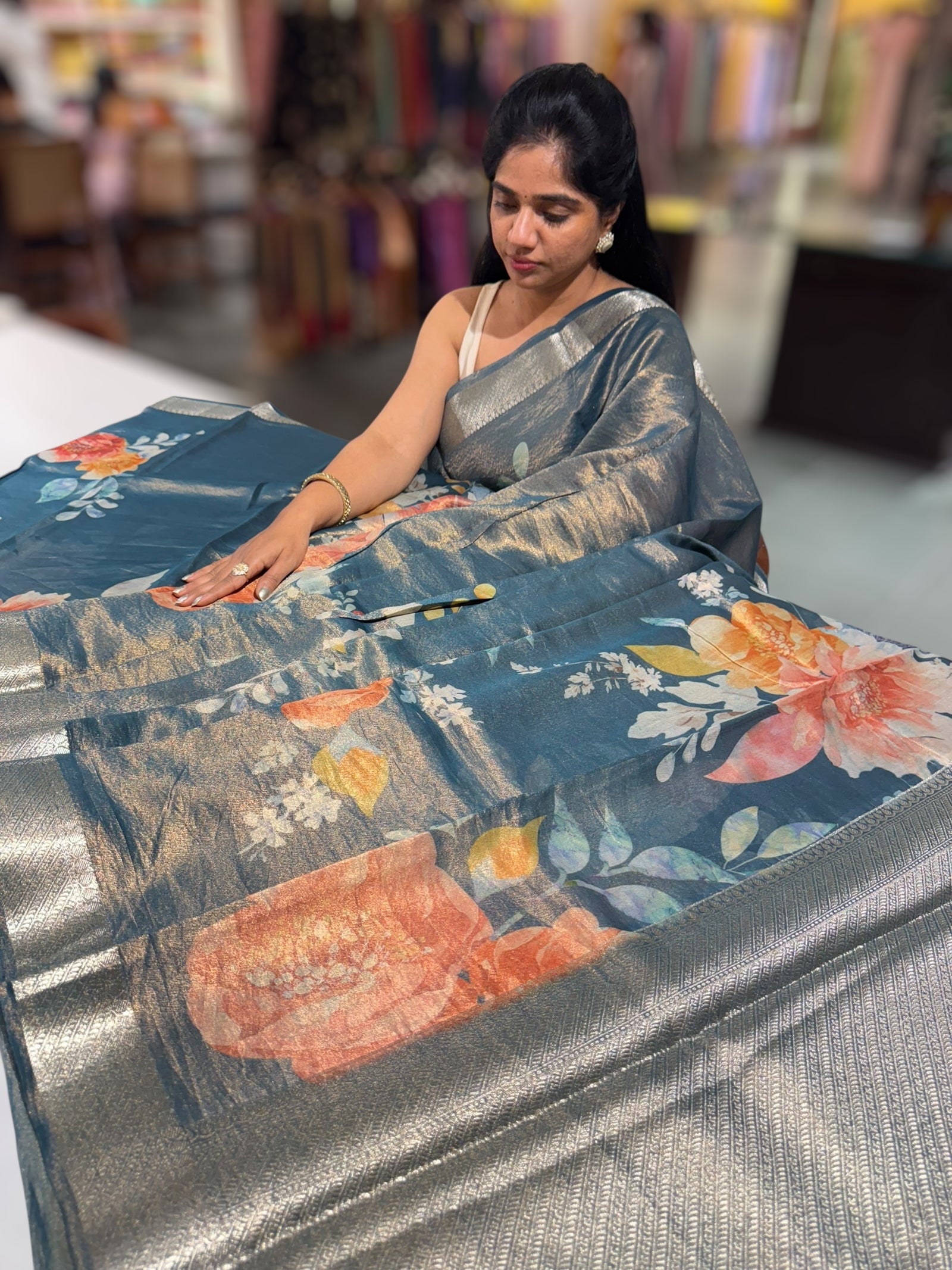 Peacock Blue Printed Banarasi Cotton Tissue