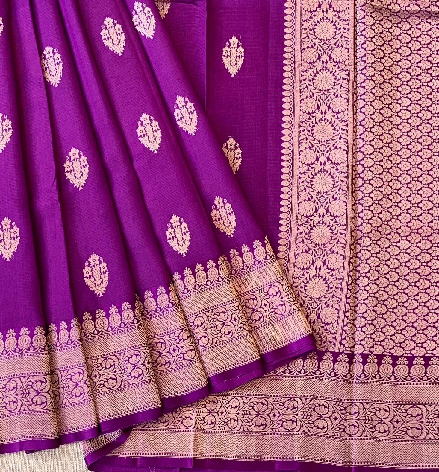 Brinjal Raw Mangoe Silk Saree in Monotone Look with heavy weaving Mashru borders & kaduwa woven motifs.