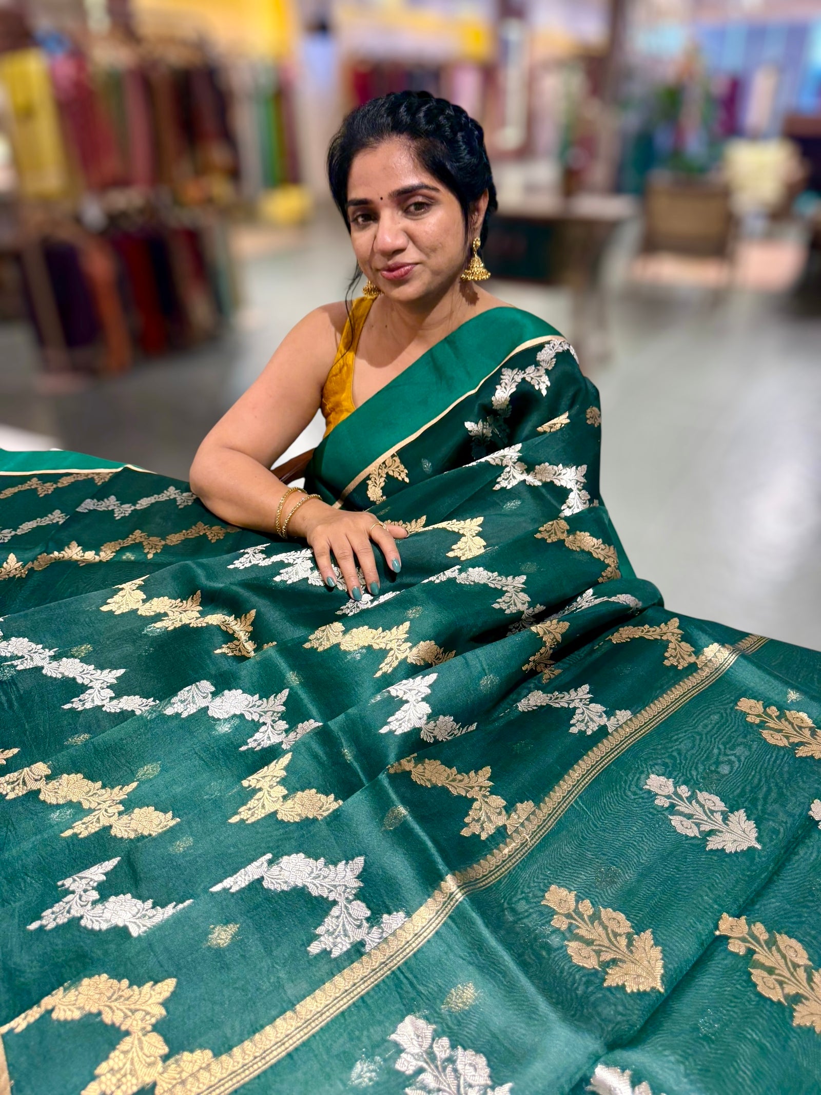Bottle Green Kora Banarasi Saree in half & half style