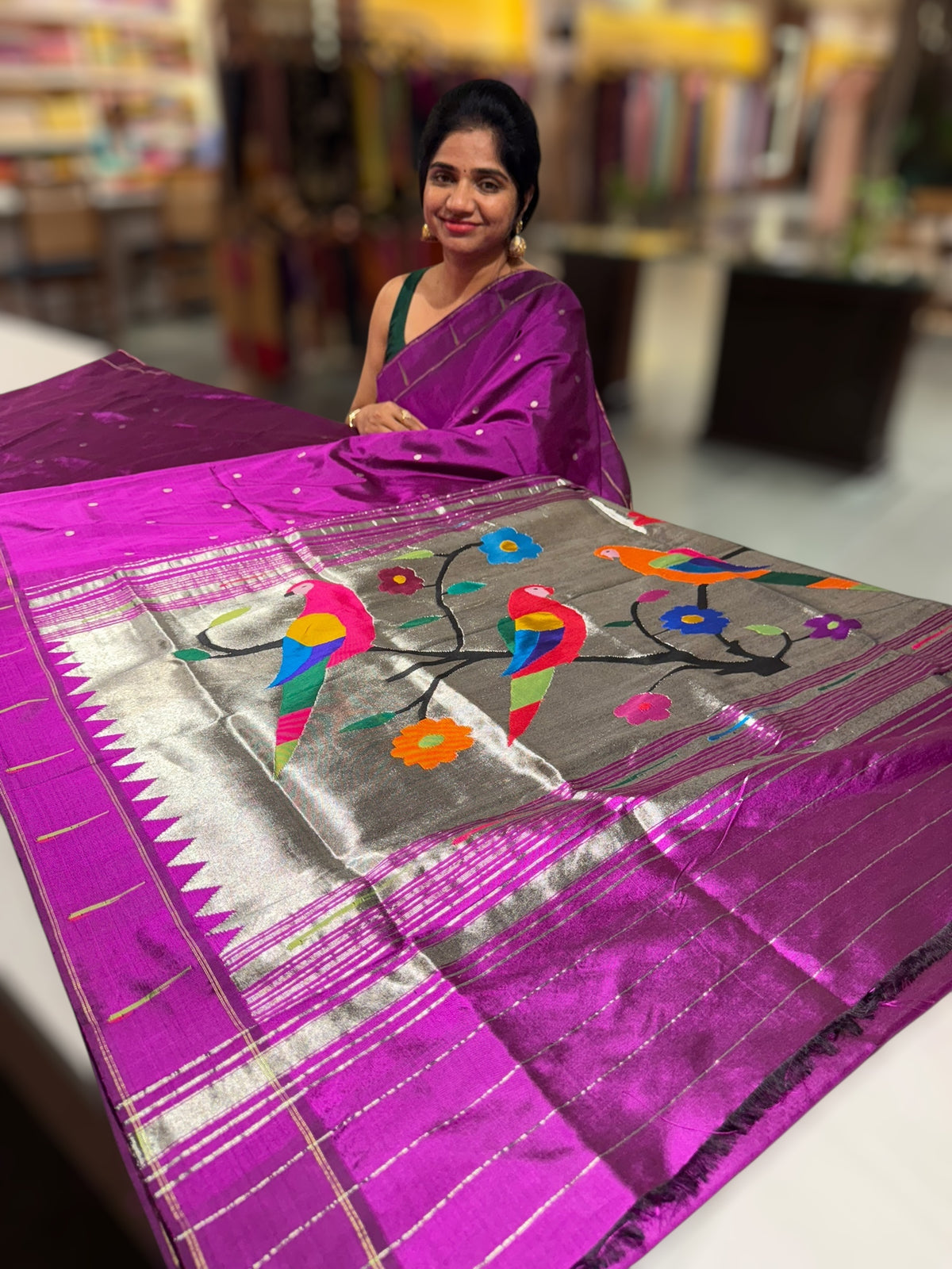 Purple Pure handloom paithani silk saree with single muniya border
