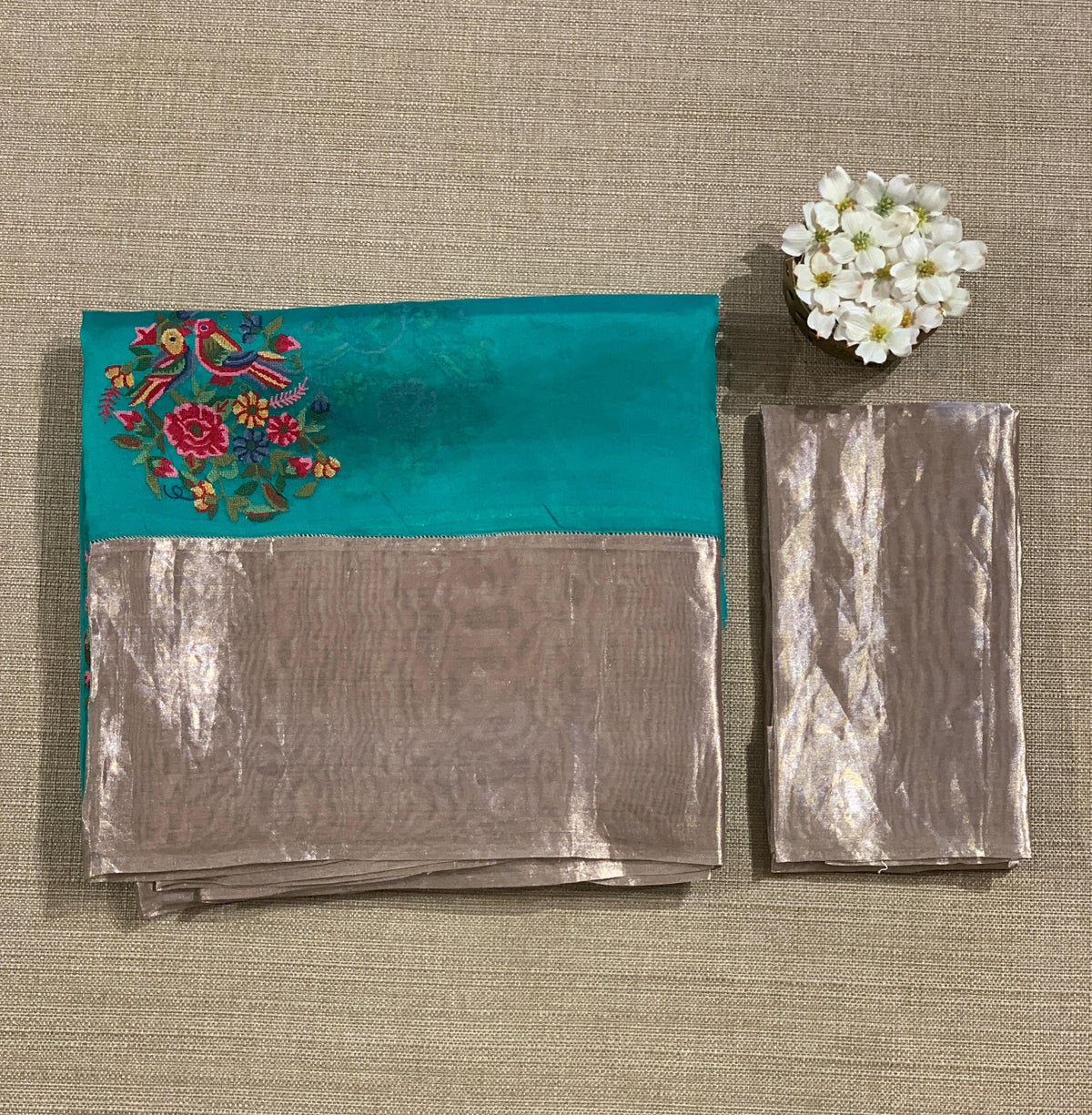 Teal Organza Saree with pure Tissue Border