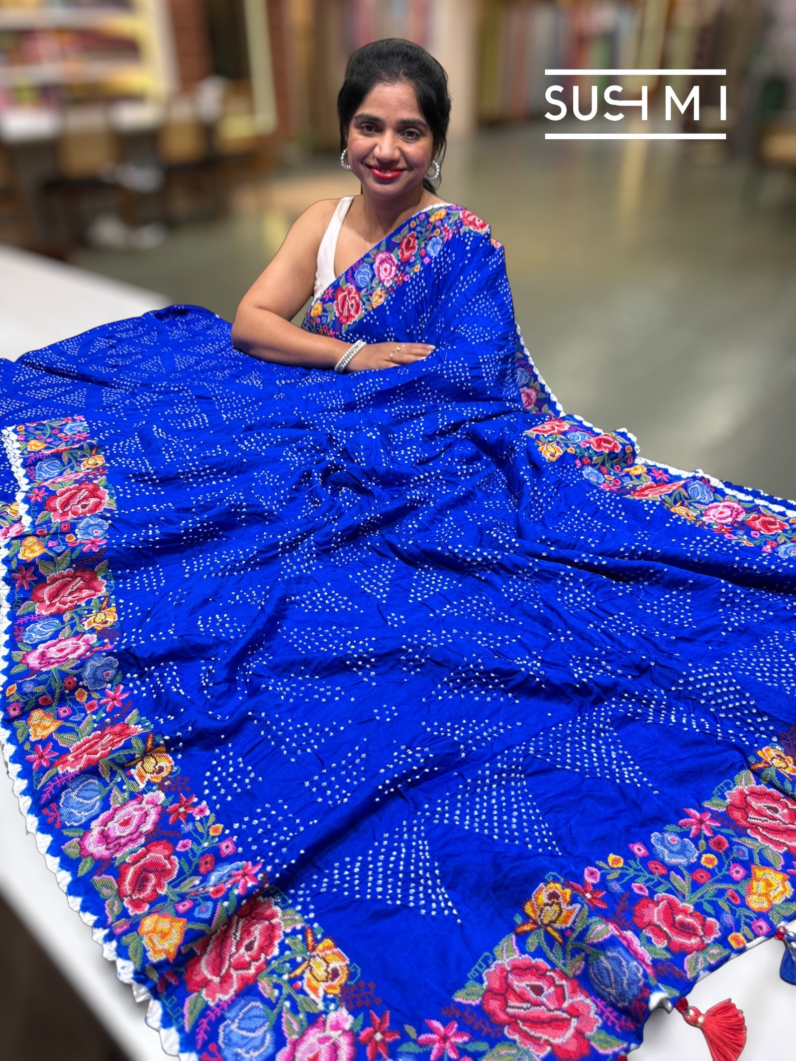 Electric Blue Pure Gajji Silk Rai bandhej Saree with petite point embroidery : SM081