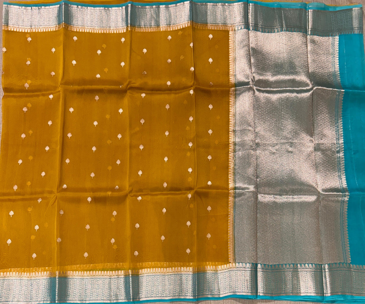 Mustard with Blue Pure Handloom premium Kora Banarasi Saree