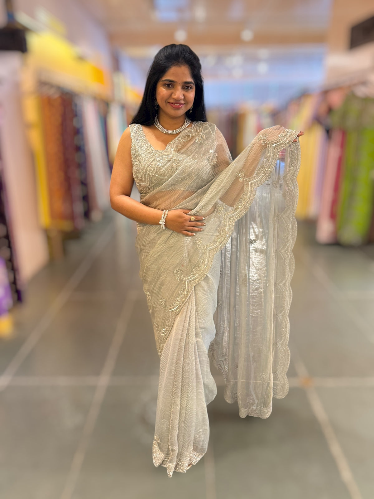 Pastel Bluish silver Crush Tissue handwork Saree