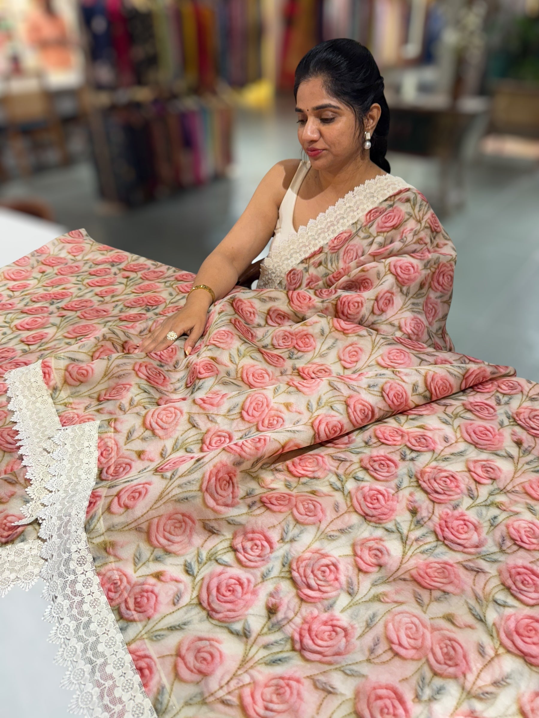 Ivory Organza 3D floral Printed Saree hemlined with crotia lace