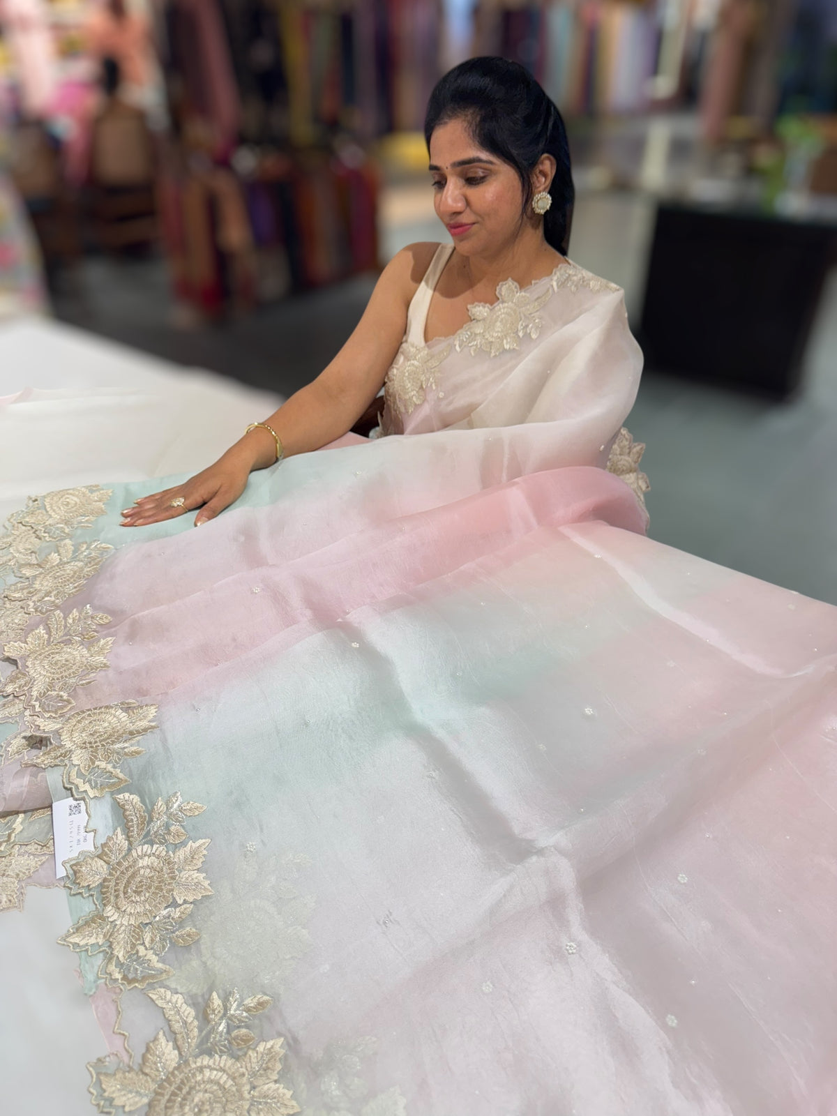 Ombre dyed Pure Organza Saree with parsi gara embroidery