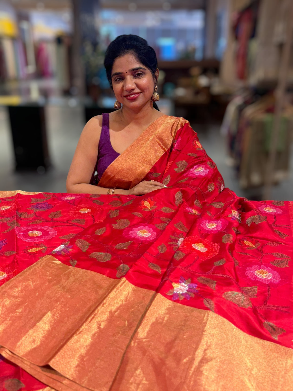 Chilli Red Kanchi Soft Silk Saree with allover jamdani inspired embroidery